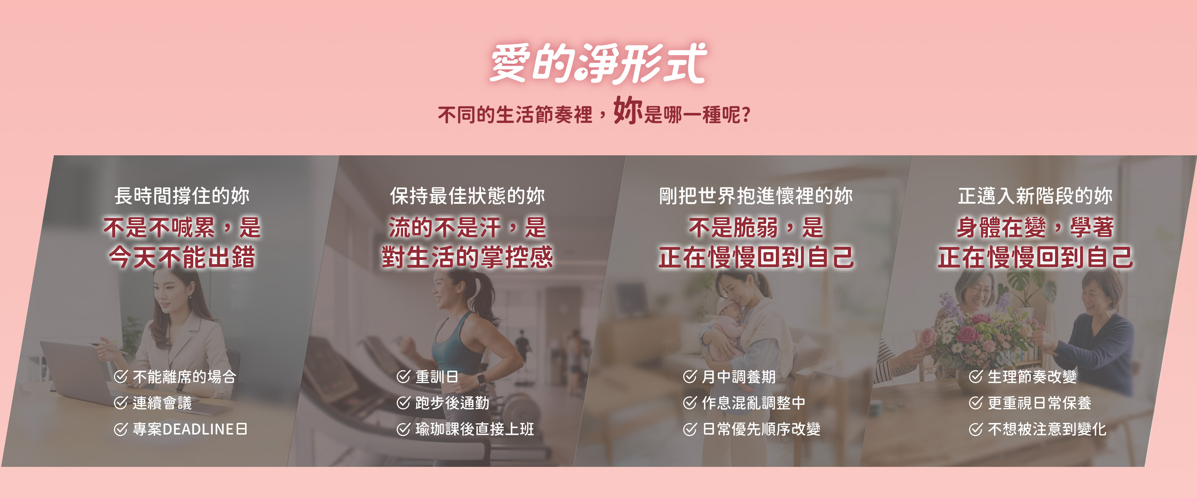圖示呈現女性不同生活情境，包含上班、運動、新手媽媽、熟齡保養、旅行、戀愛、熬夜與生理週期等階段，傳達各種日常節奏下的女性保養需求與呵護概念