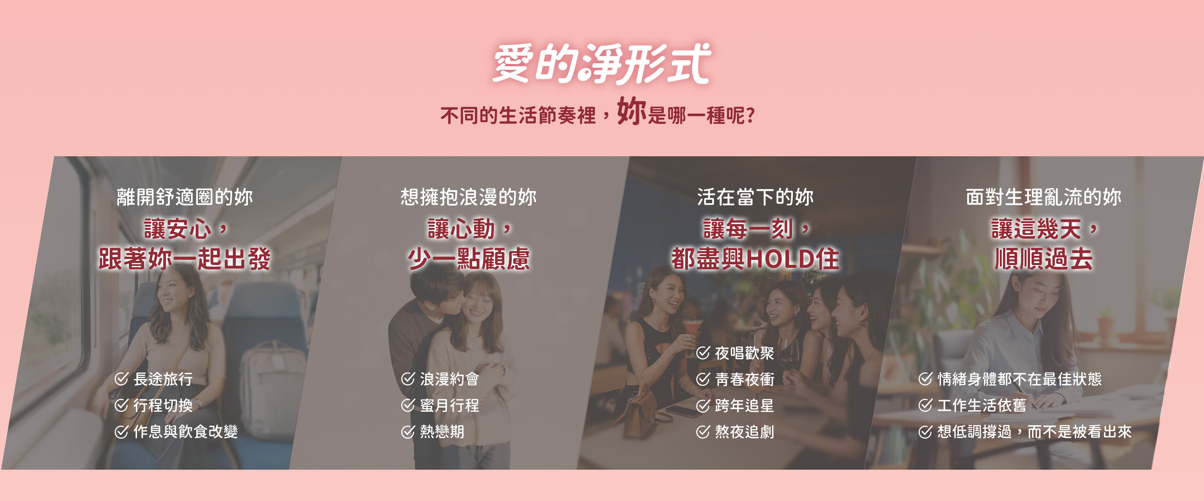 圖示呈現女性不同生活情境，包含上班、運動、新手媽媽、熟齡保養、旅行、戀愛、熬夜與生理週期等階段，傳達各種日常節奏下的女性保養需求與呵護概念