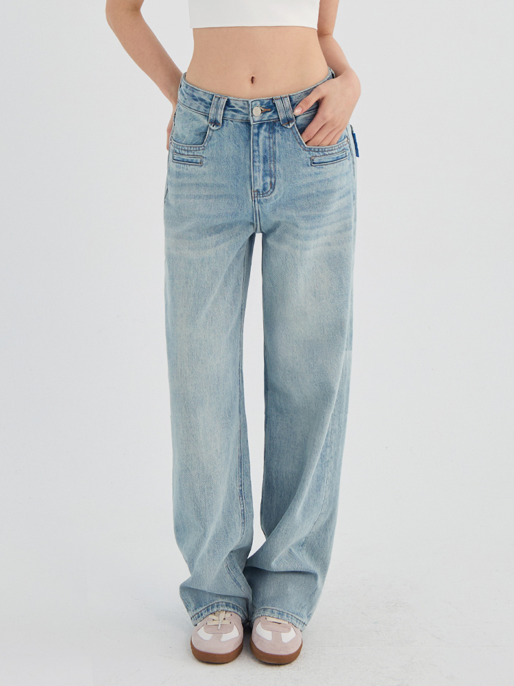 經典刷色雙褲耳直筒牛仔褲