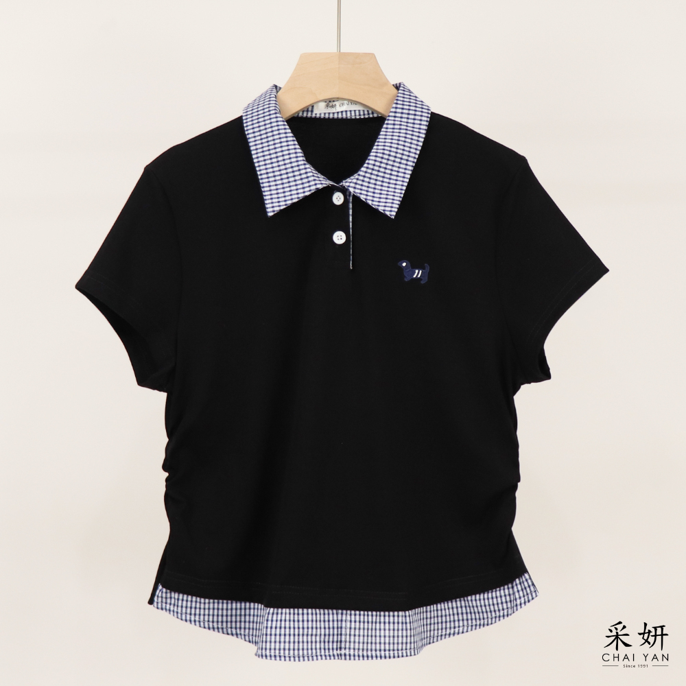 狗狗假兩件翻領短袖上衣