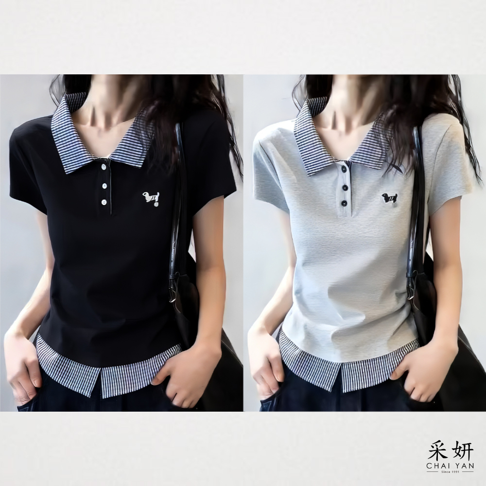 狗狗假兩件翻領短袖上衣