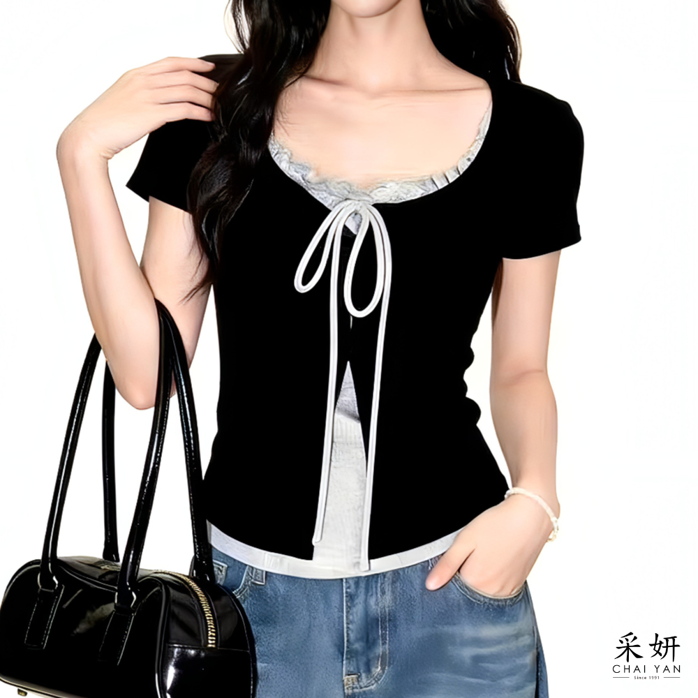 假兩件荷領短袖上衣