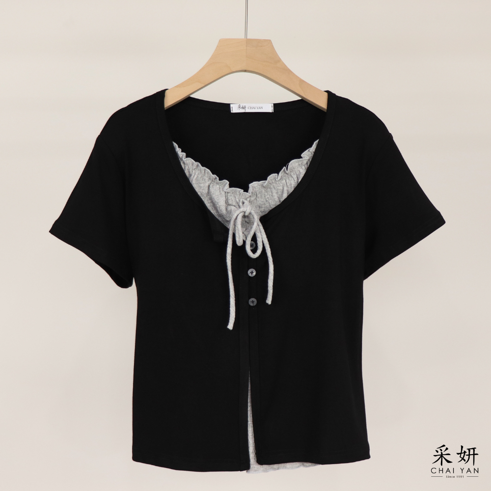 假兩件荷領短袖上衣