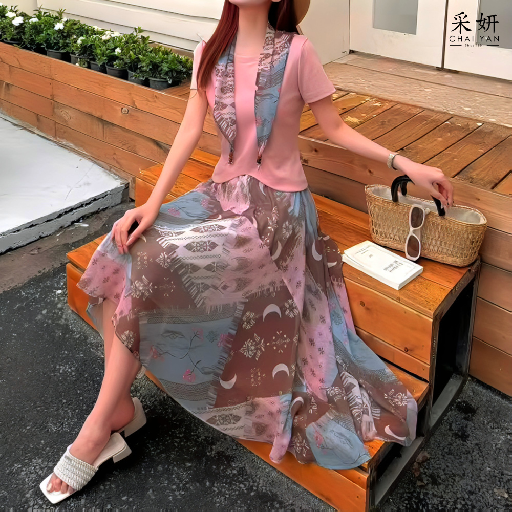 二件式 波浪上衣+復古中長裙