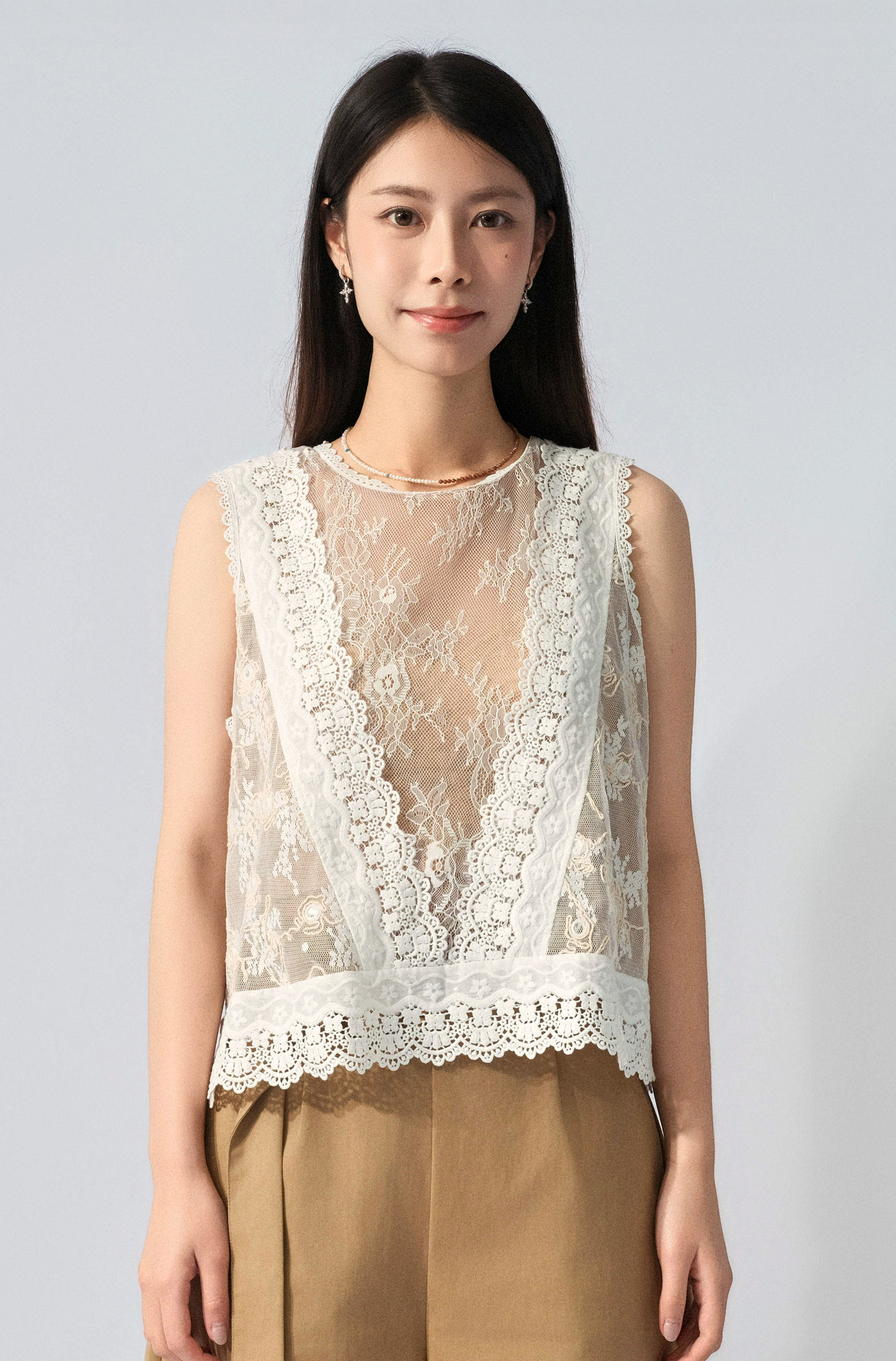 棉繩花雙層網紗背心 (預購產品）