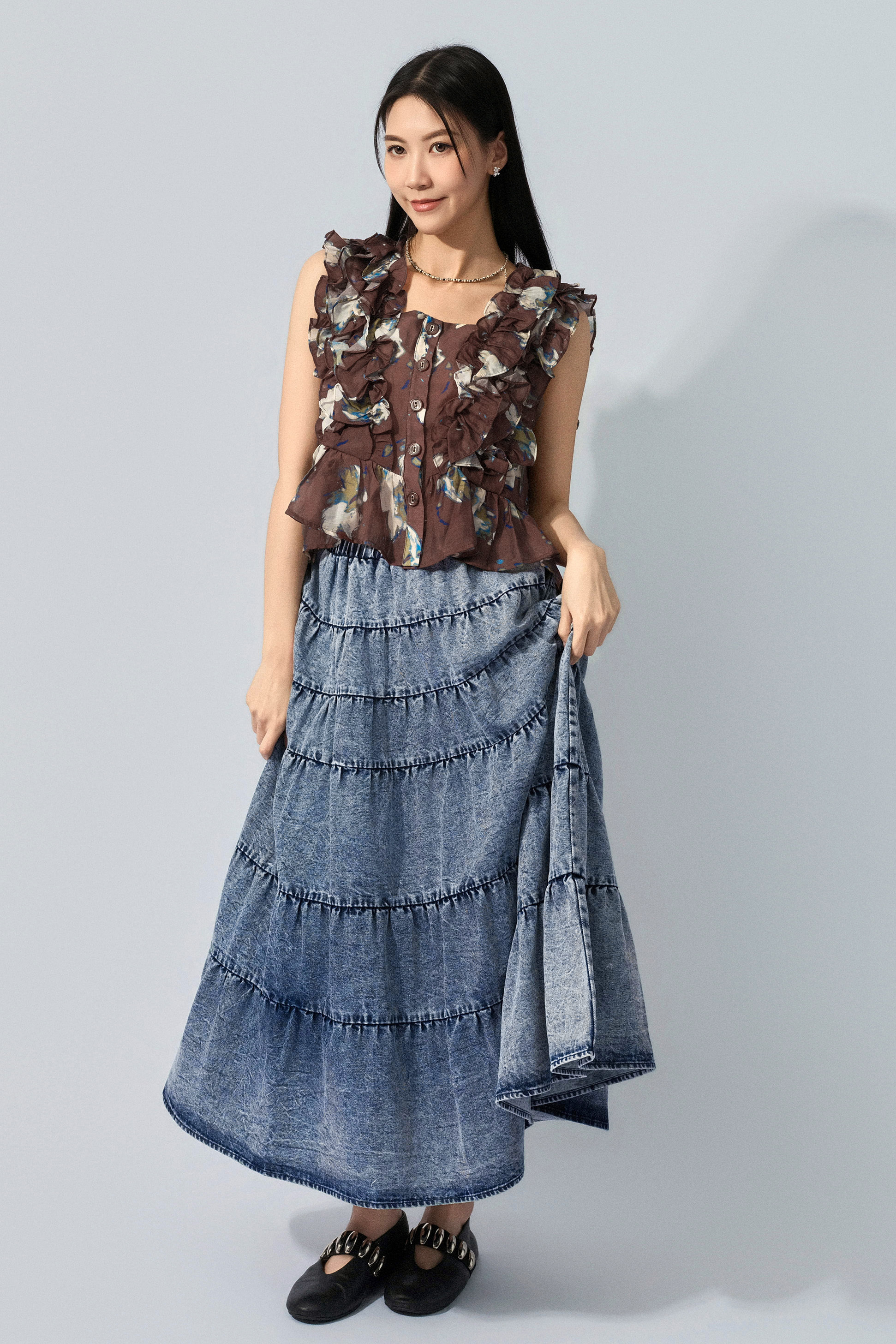 潑墨花透薄棉荷葉背心 (預購產品）
