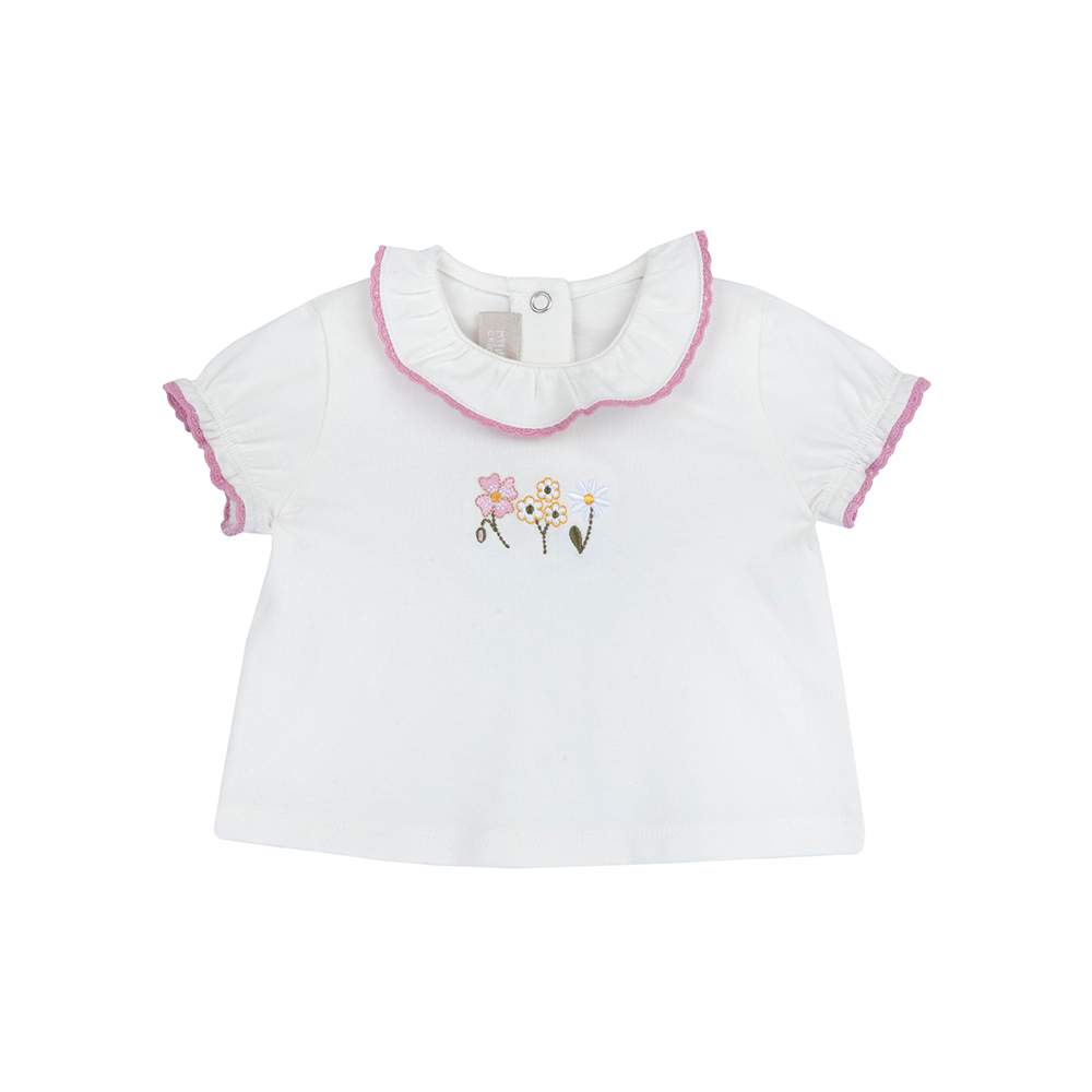 浪漫花語-荷葉領繡花朵短袖上衣