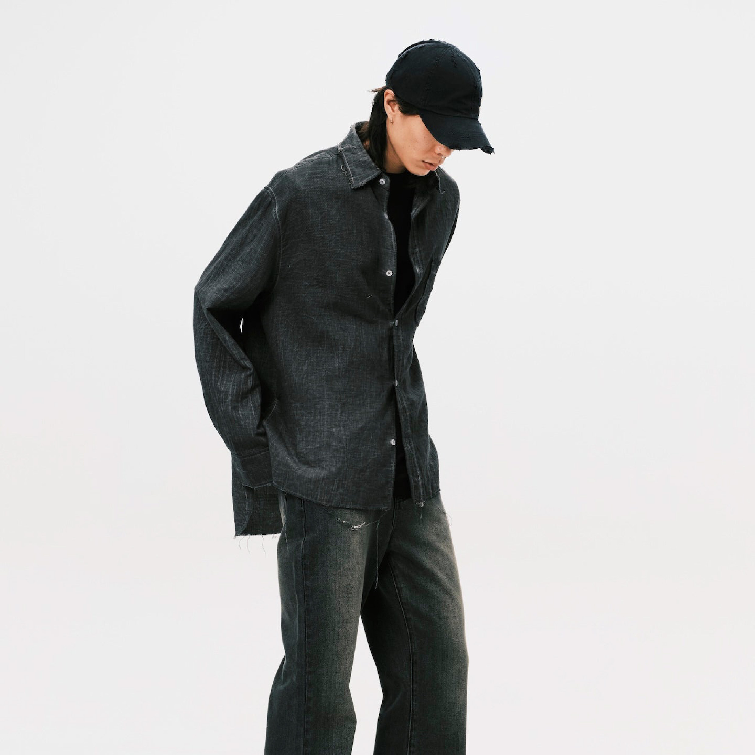 ANOWHEREMAN Washed Raw Edge Shirt - Dark Grey