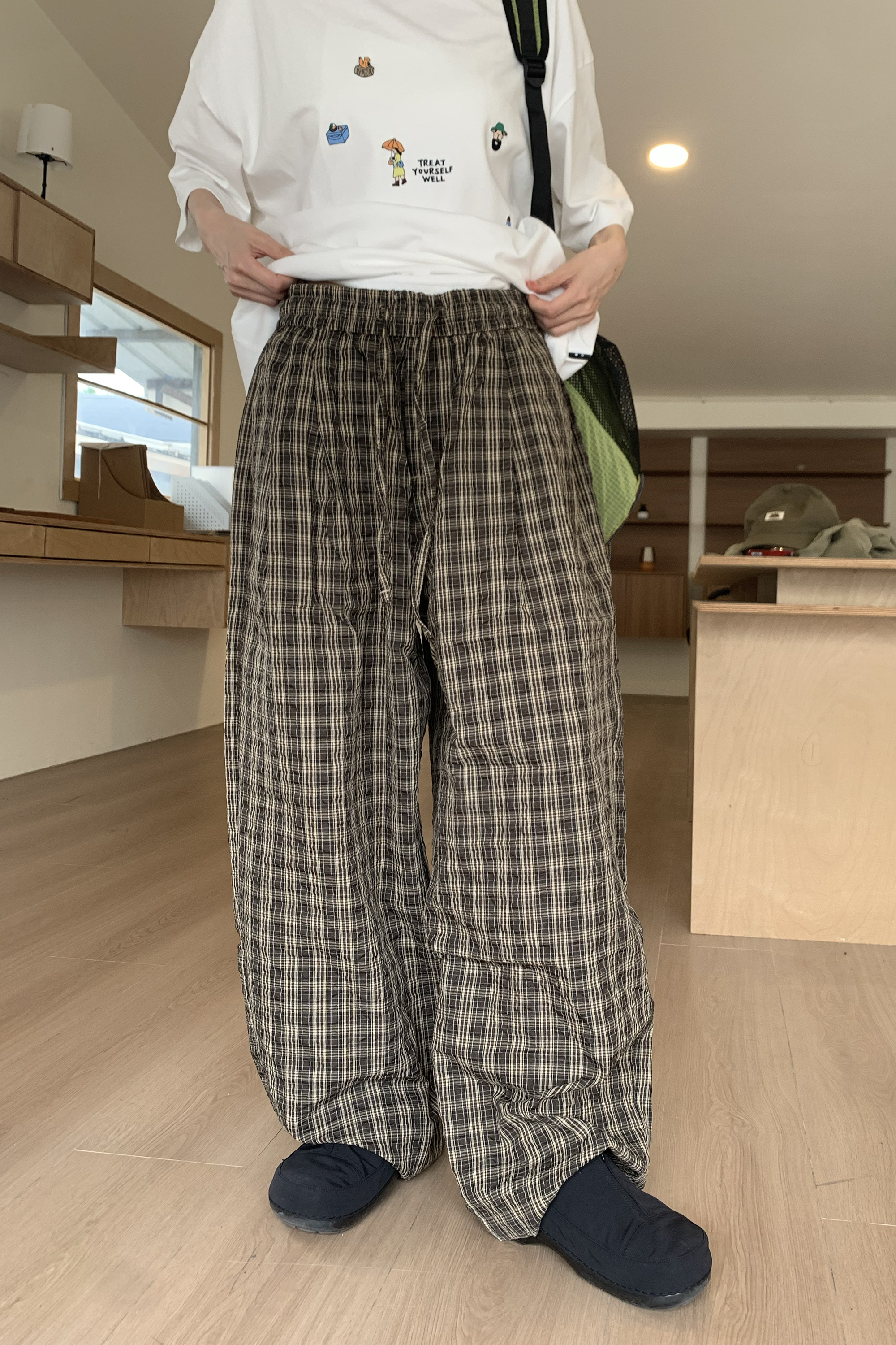 Vibrant｜日系鬆緊腰格紋長褲 2色