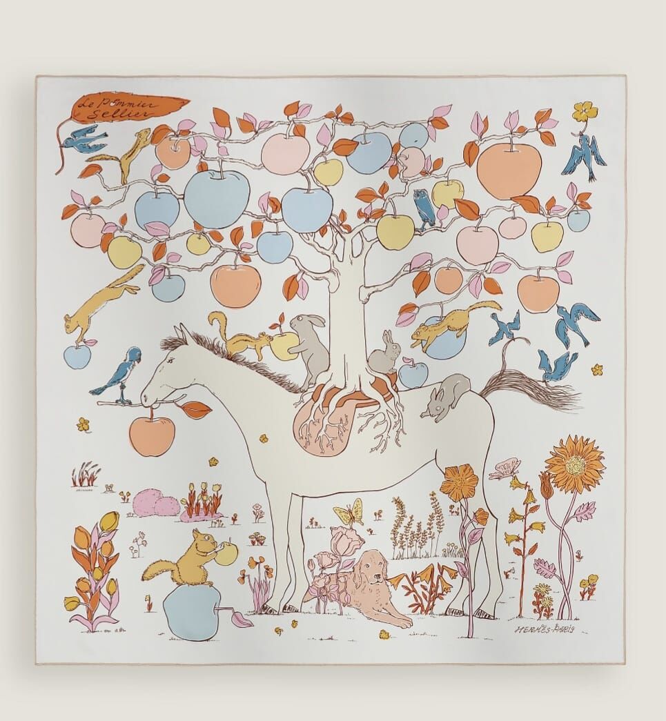 HERMES Le Pommier Sellier scarf 90 blanc / bleu glacier / abricot