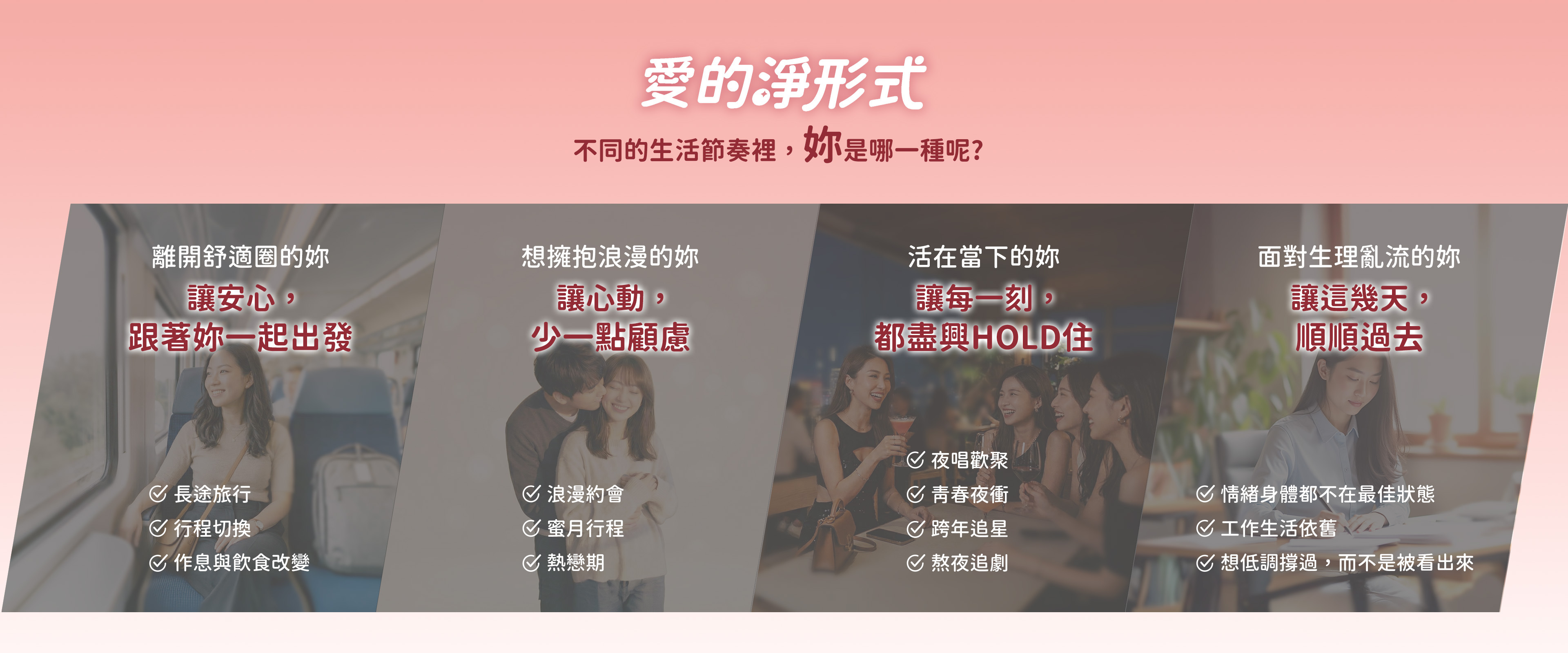 圖示呈現女性不同生活情境，包含上班、運動、新手媽媽、熟齡保養、旅行、戀愛、熬夜與生理週期等階段，傳達各種日常節奏下的女性保養需求與呵護概念