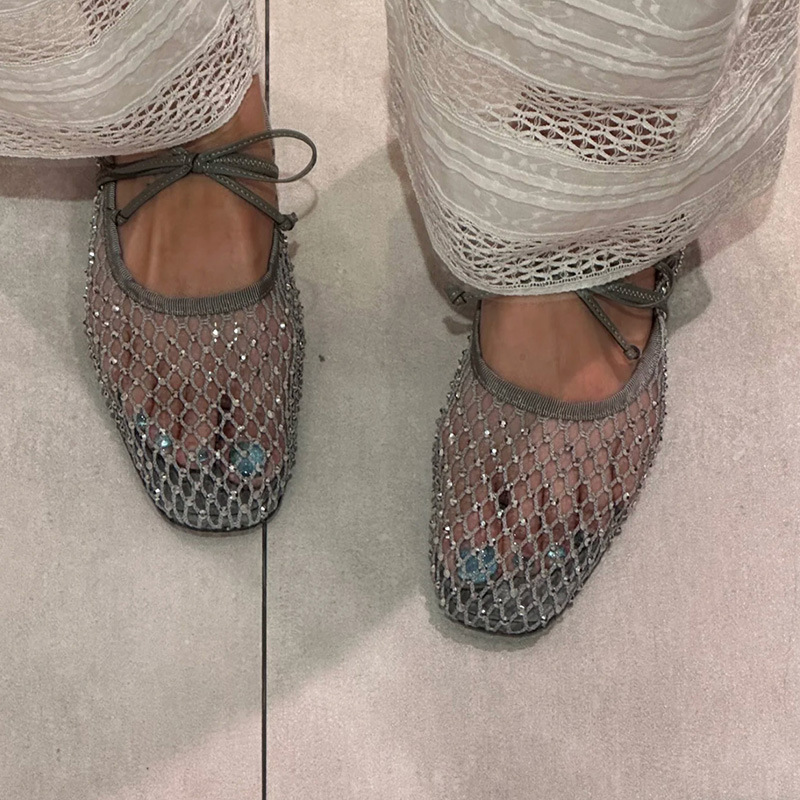 水鑽網眼 平底休閒鞋(35-39)(灰/黑)