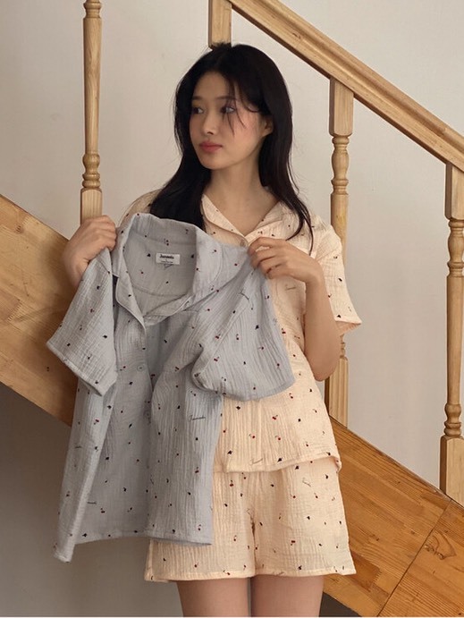 JUUNEEDU 櫻桃皺感棉 短袖短褲 居家睡衣套裝