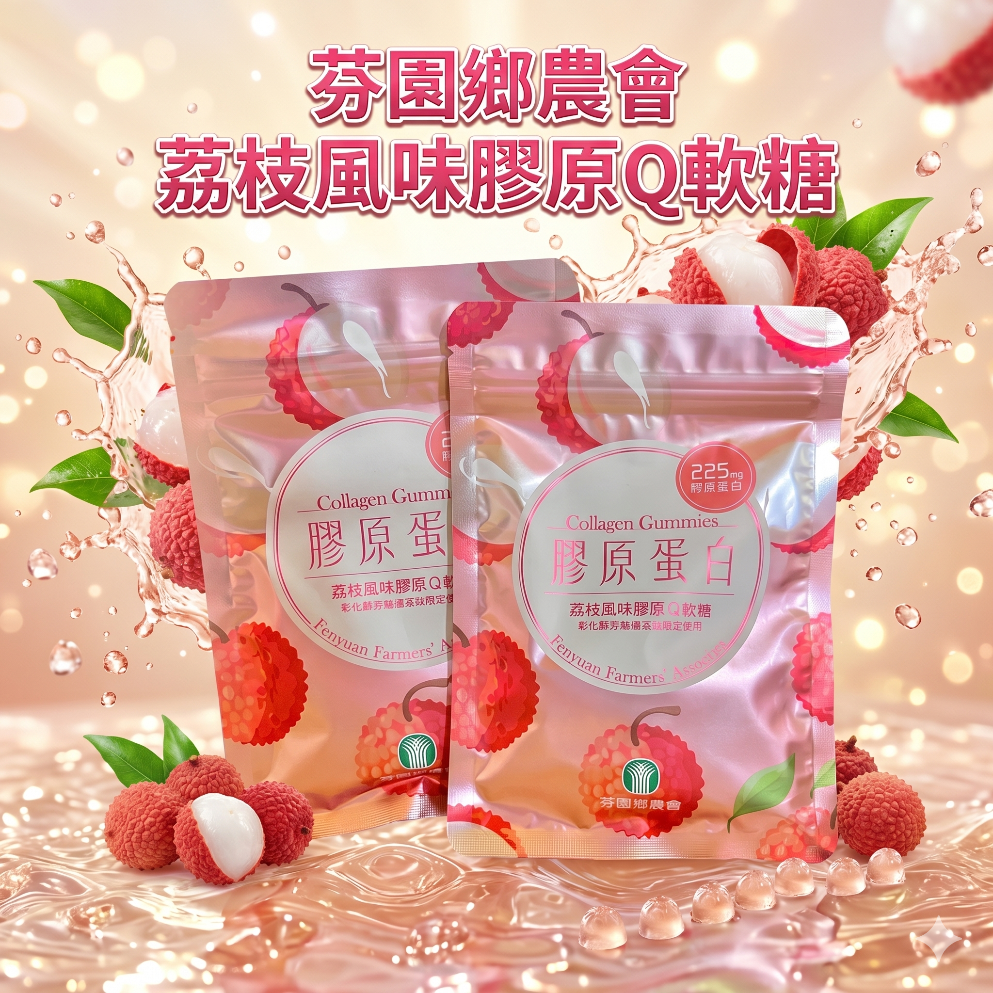 【直播】LX0421904 芬園鄉農會 荔枝風味膠原Q軟糖 45g (約13-15顆 - 1套3包)