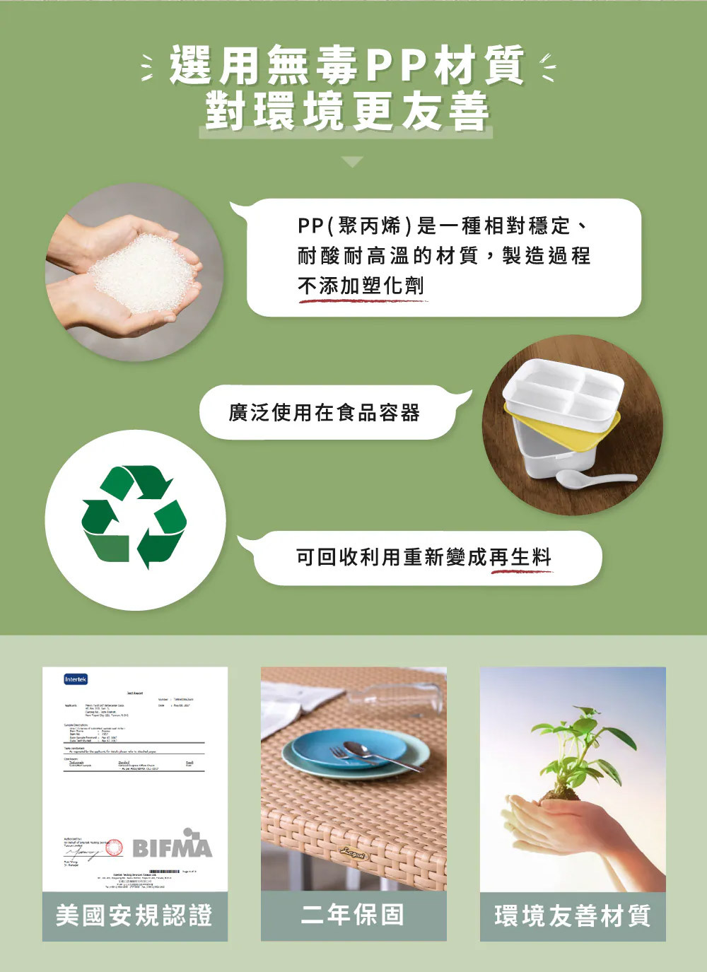 Rue藤紋中島椅選用PP材質，環保可回收，通過美國BIFMA安規認證，耐用又安心