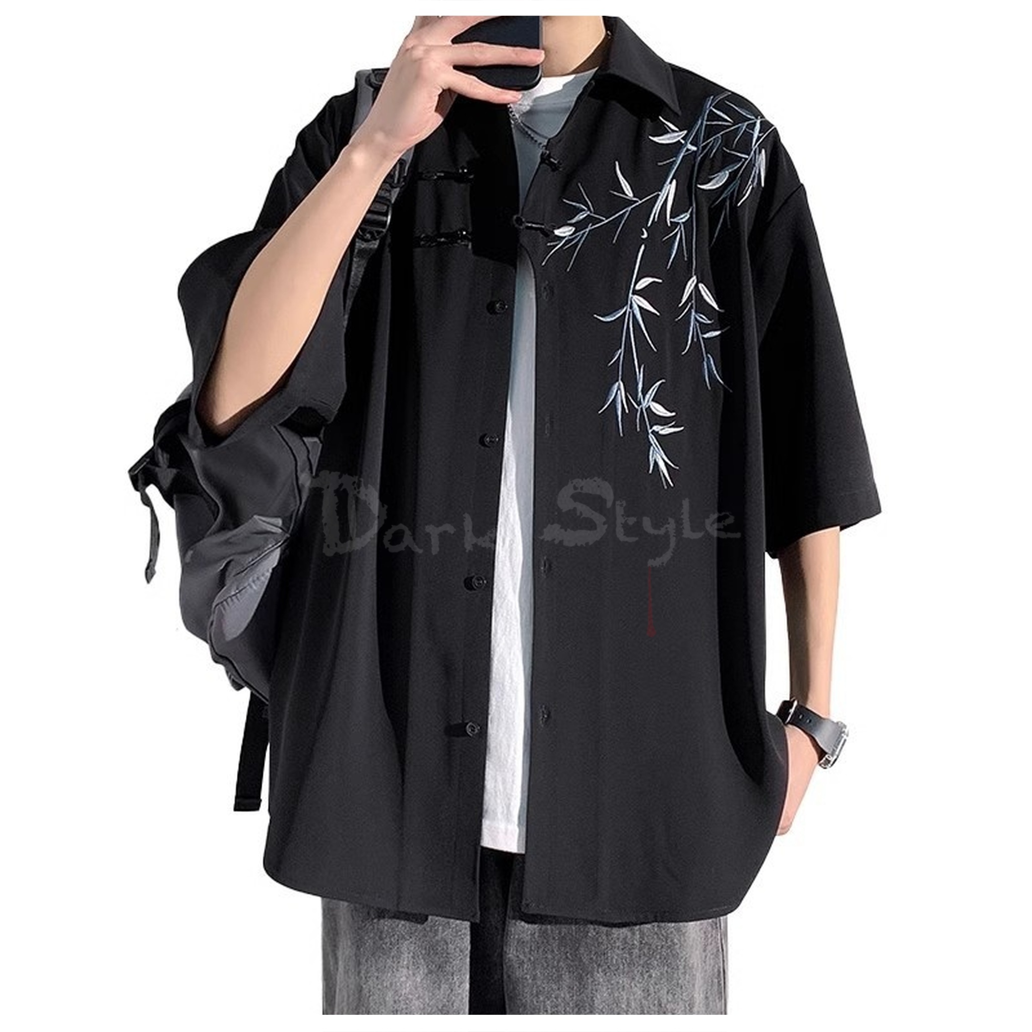 黑布笠衫｜破竹-盤釦竹刺繡半袖襯衫 (2色)｜東方禪意復古短袖上著