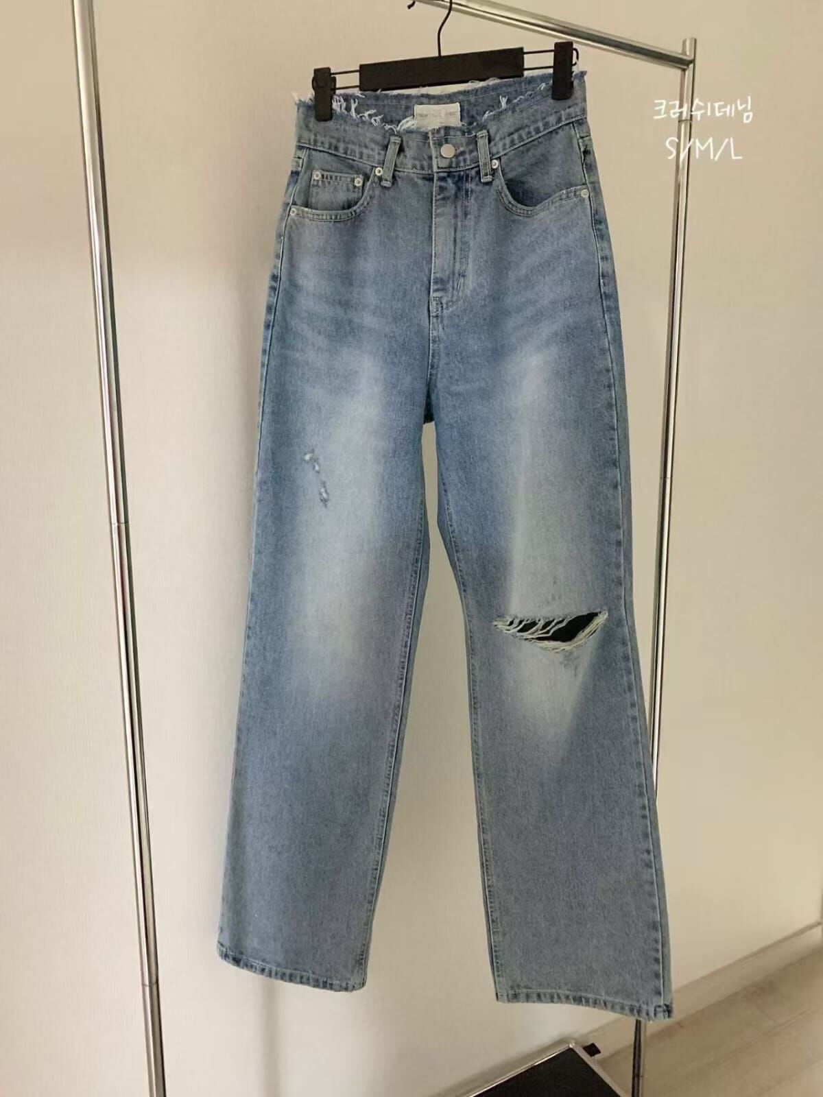 VV6112 破洞直筒牛仔褲