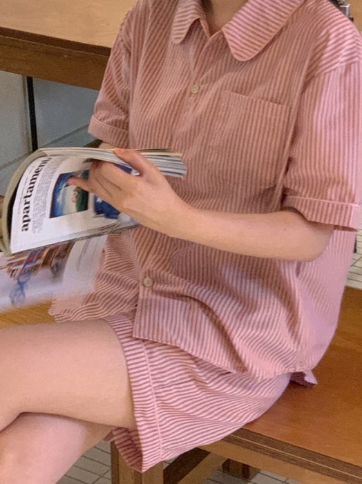 JUUNEEDU 希臘風條紋 短袖短褲 居家睡衣套裝