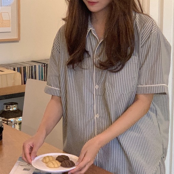 JUUNEEDU 希臘風條紋 短袖短褲 居家睡衣套裝