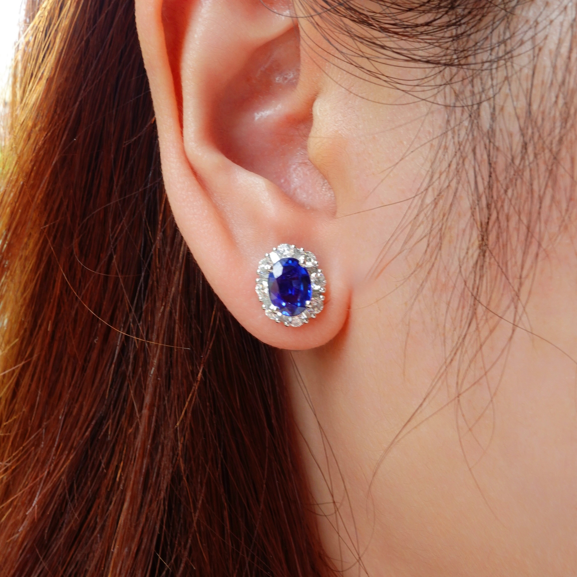 3.17ct皇家藍寶石鑽石18K金耳釘 - 橢圓形切 (帶寶石證書)