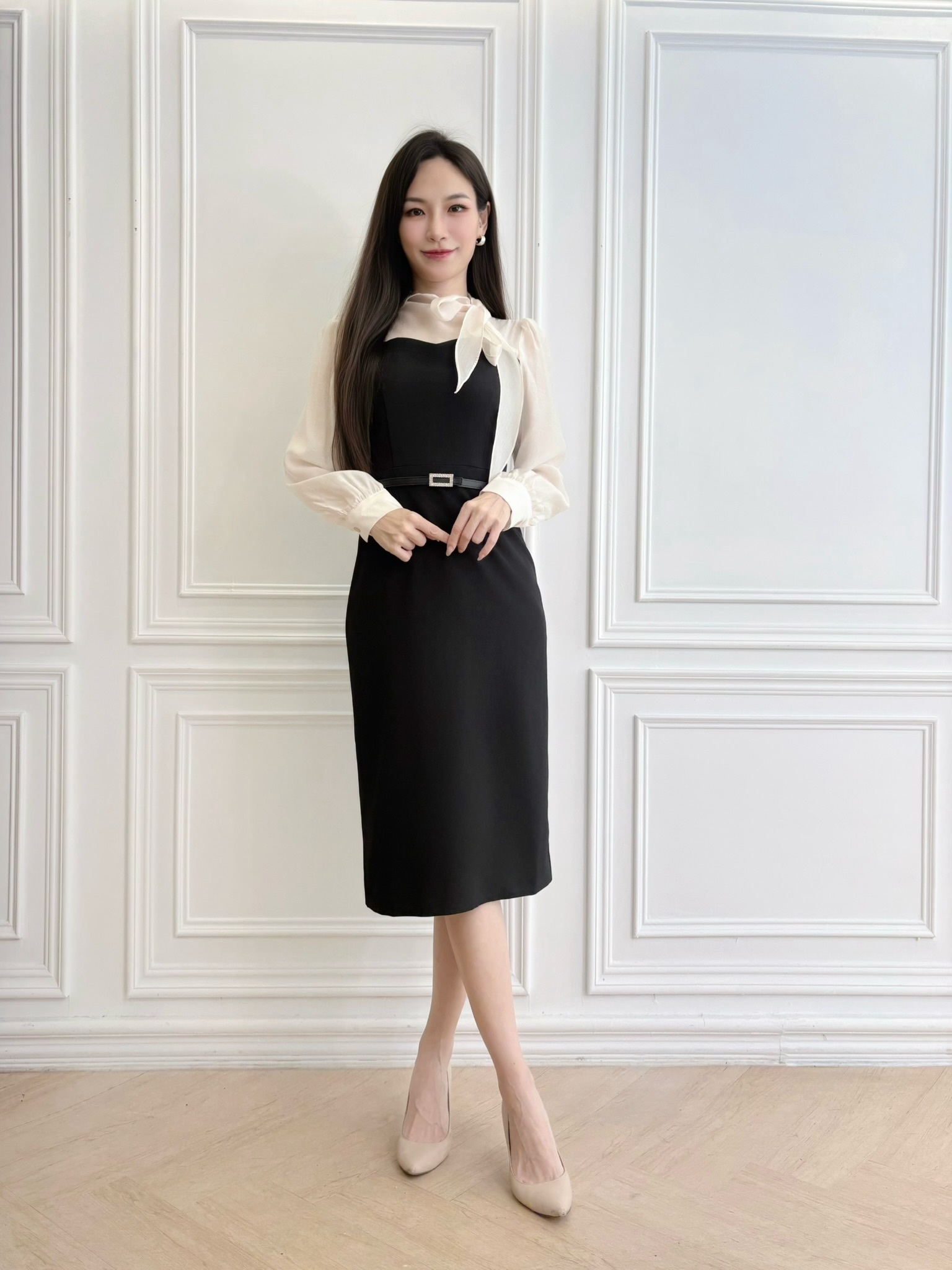 仙女款!拼紗側領巾長袖洋裝