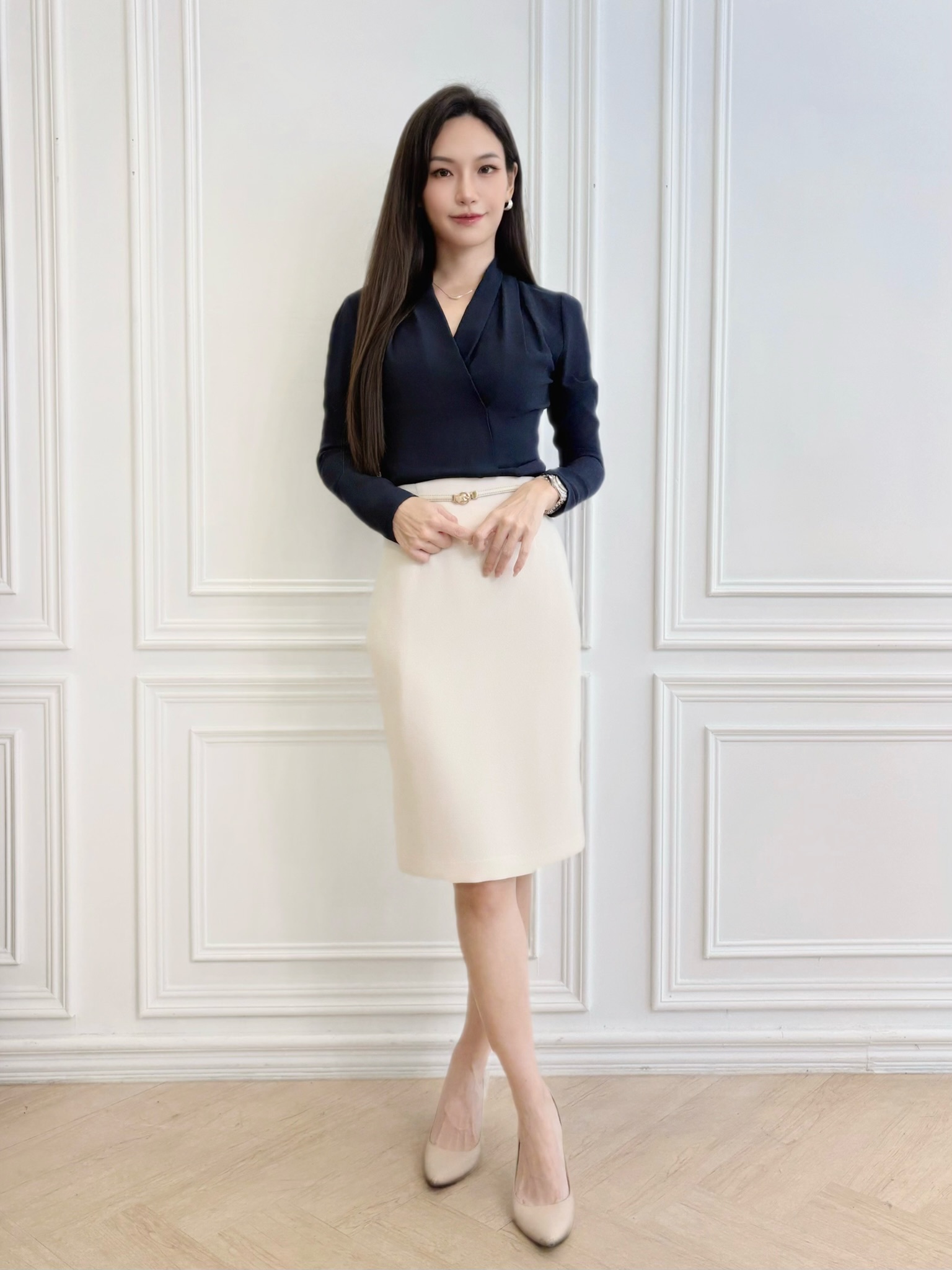 V領前打褶腰身上衣