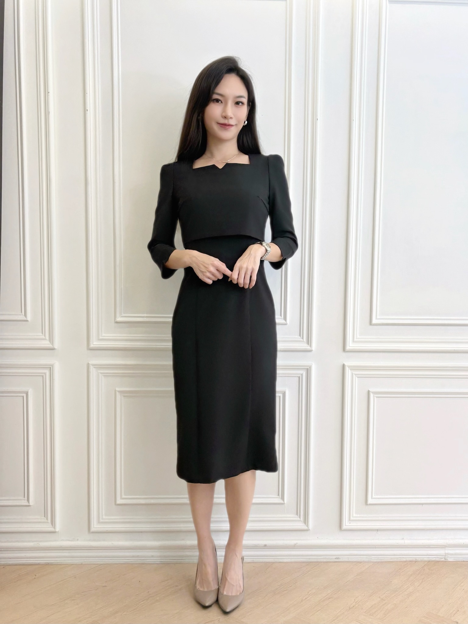 方領雙層七分袖洋裝