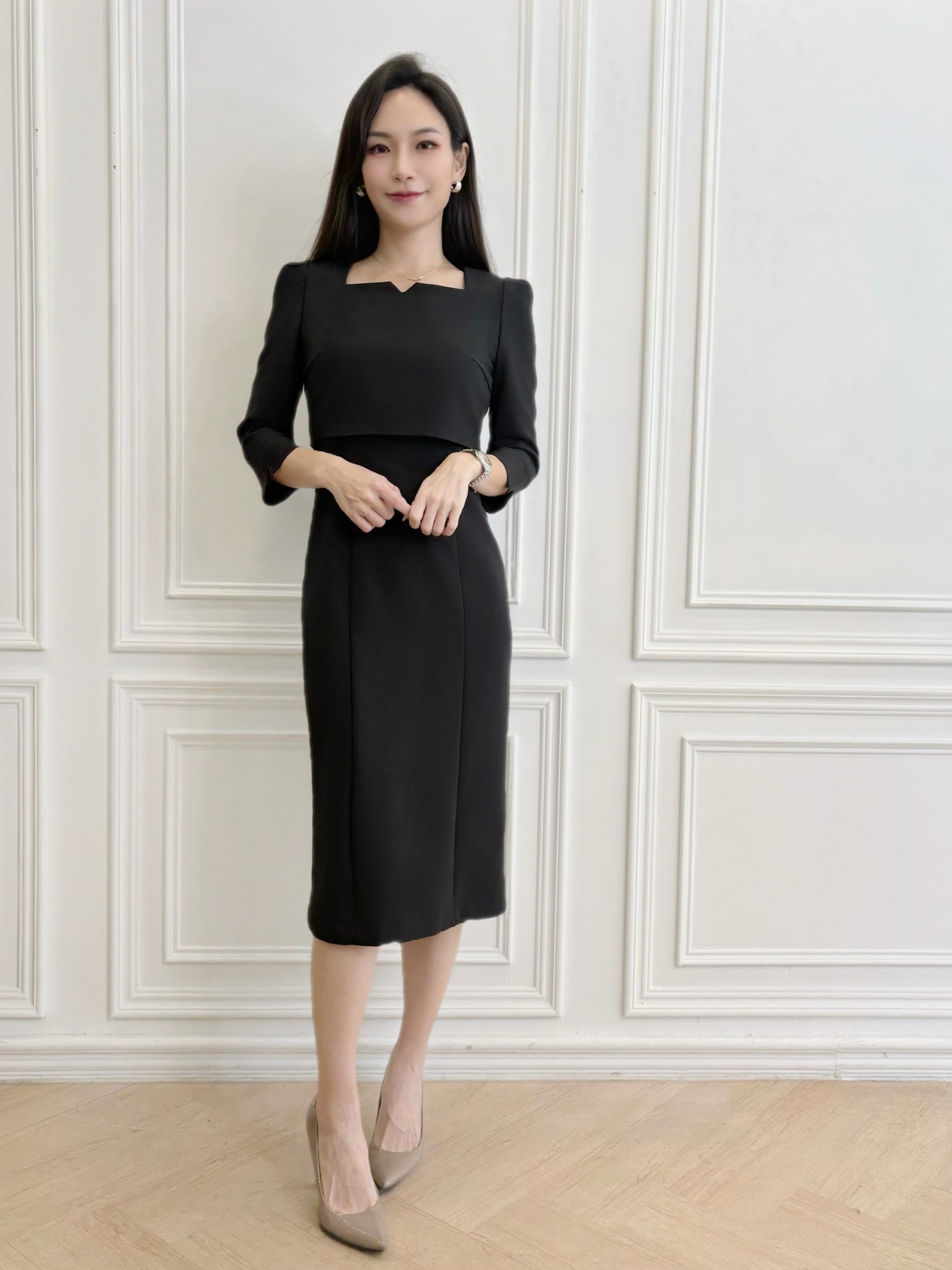 方領雙層七分袖洋裝