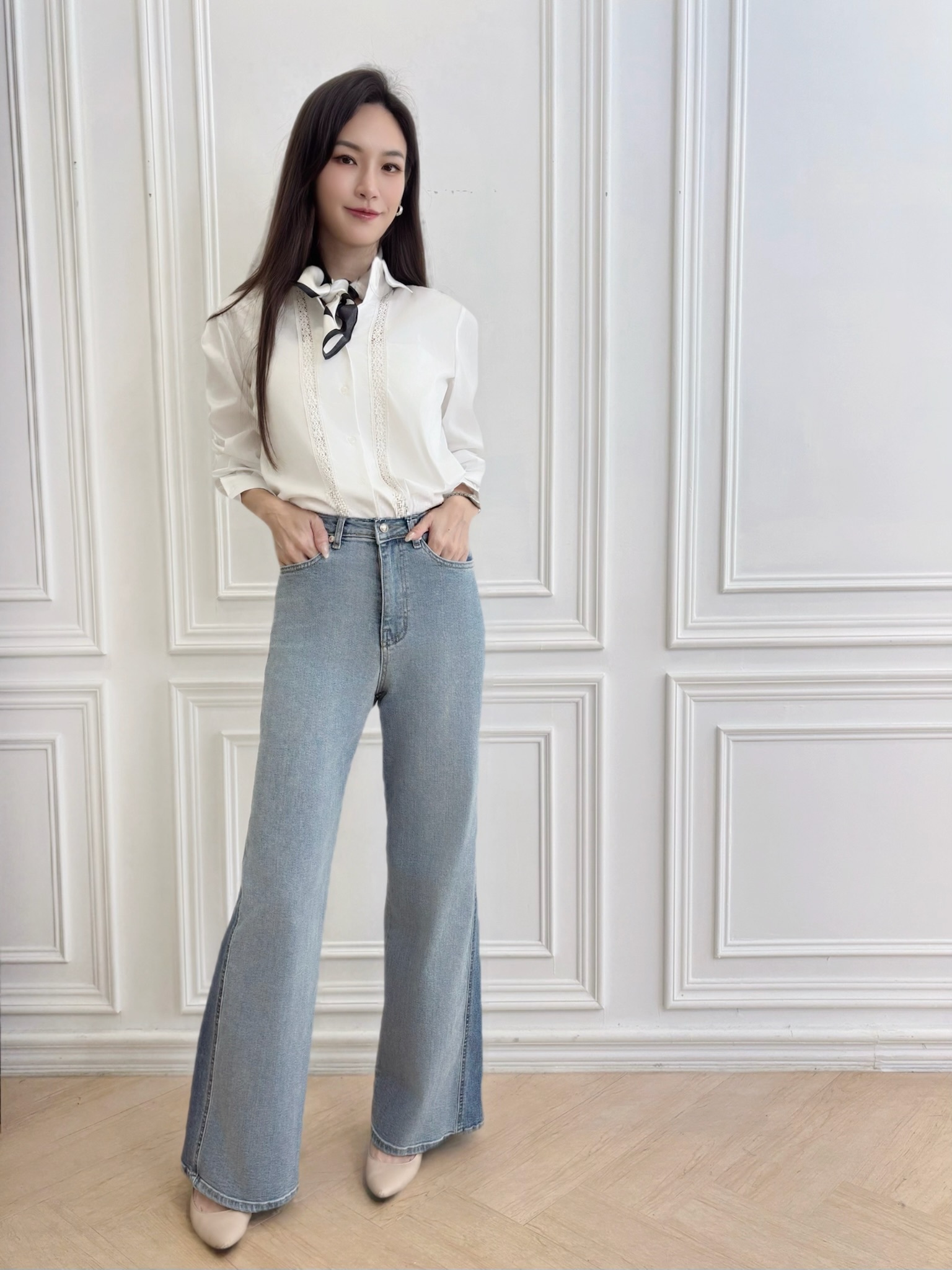 拼色直筒牛仔褲