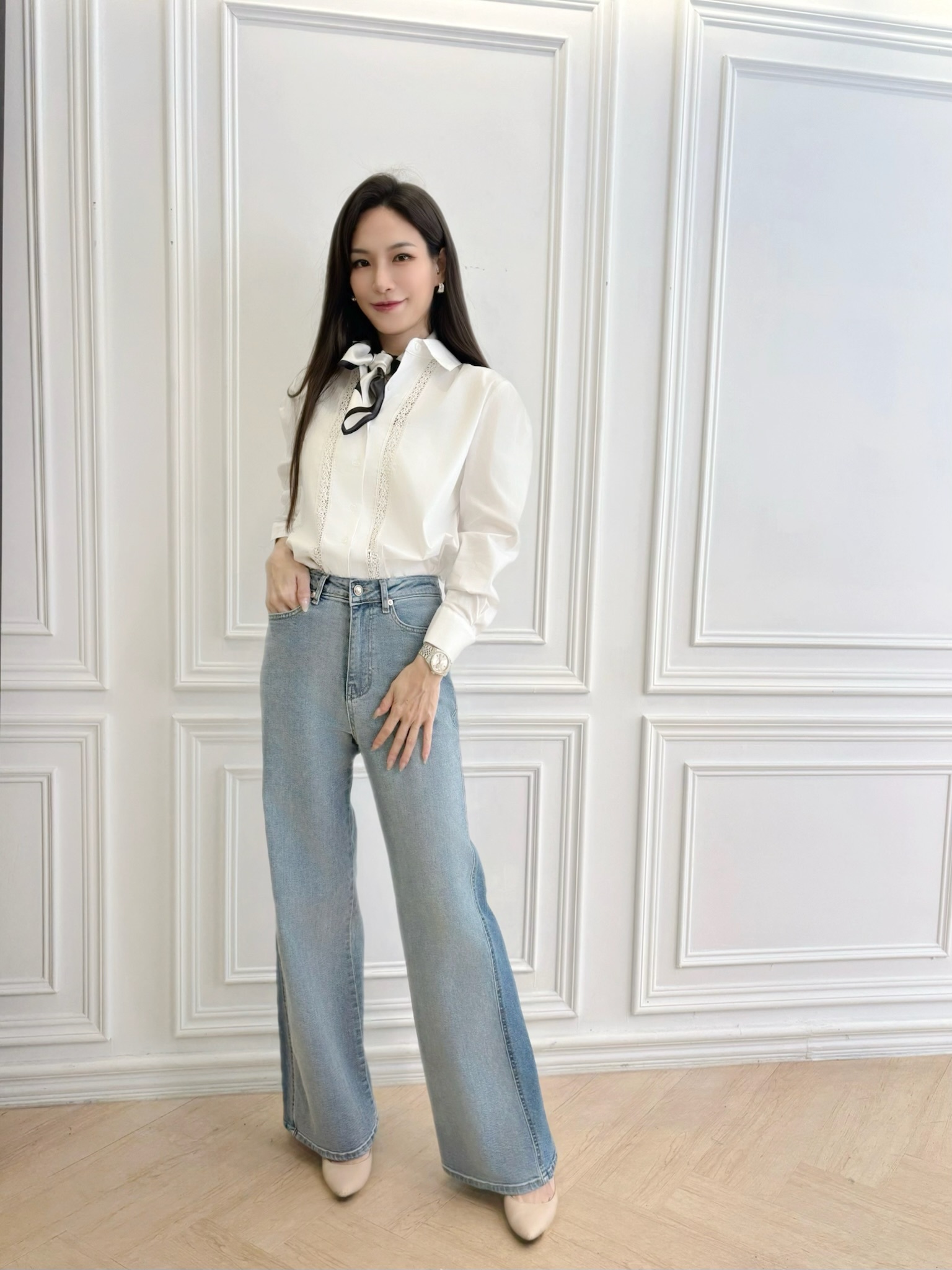 拼色直筒牛仔褲