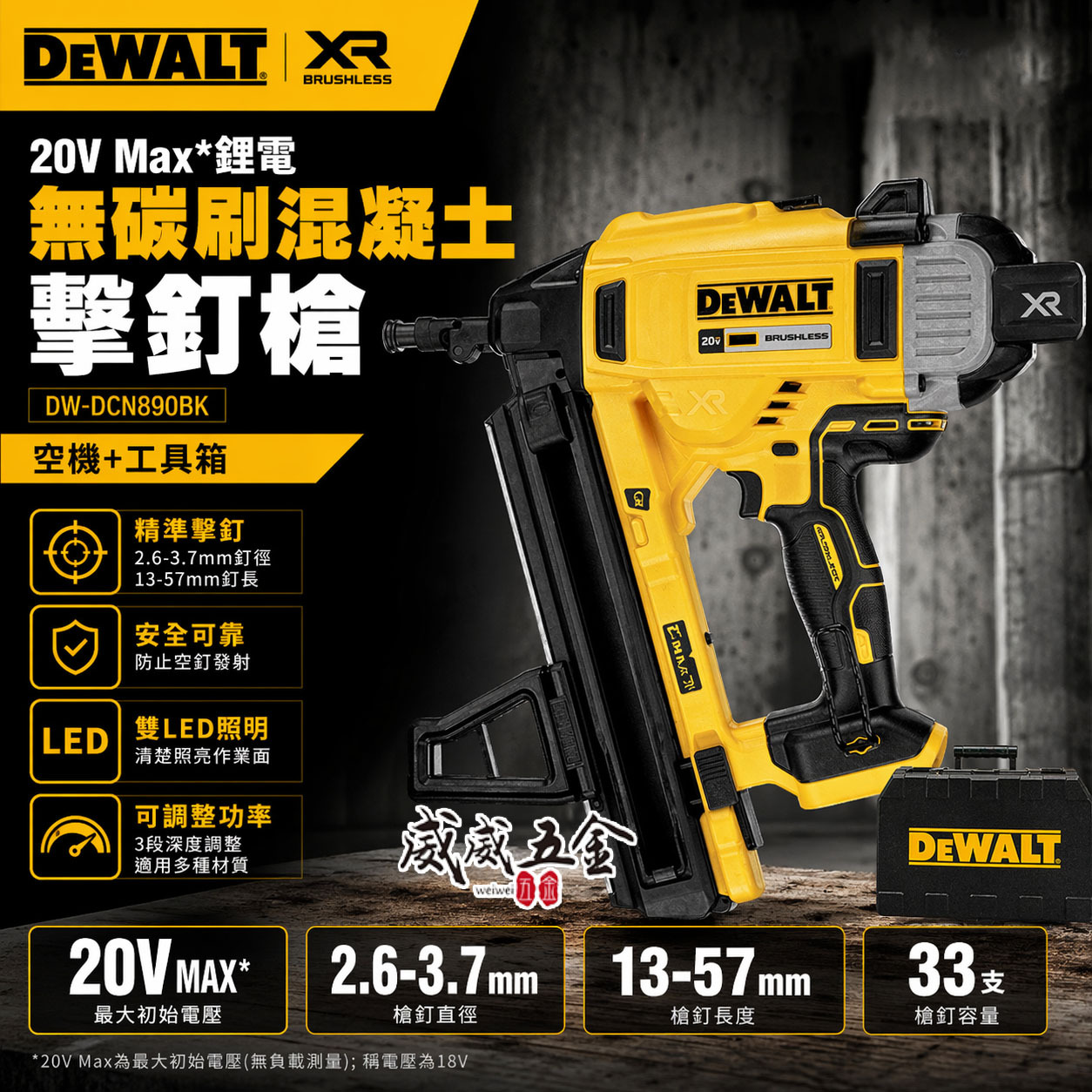 DEWALT 得偉 美國｜20V 鋰電無碳刷混凝土擊釘槍 充電式釘槍｜DCN890｜DCN890P2｜公司貨 DCN890P2K