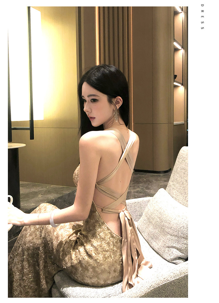 金色豹紋亮片 露背魚尾長洋裝