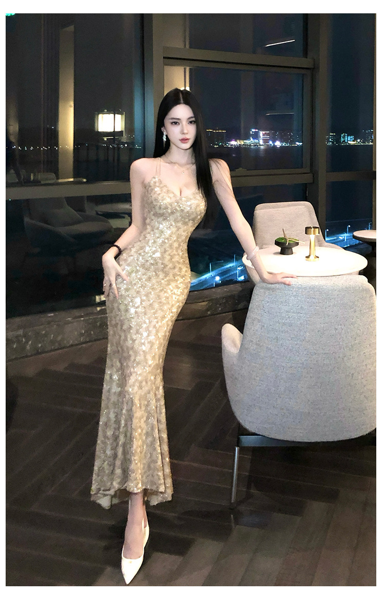 金色豹紋亮片 露背魚尾長洋裝