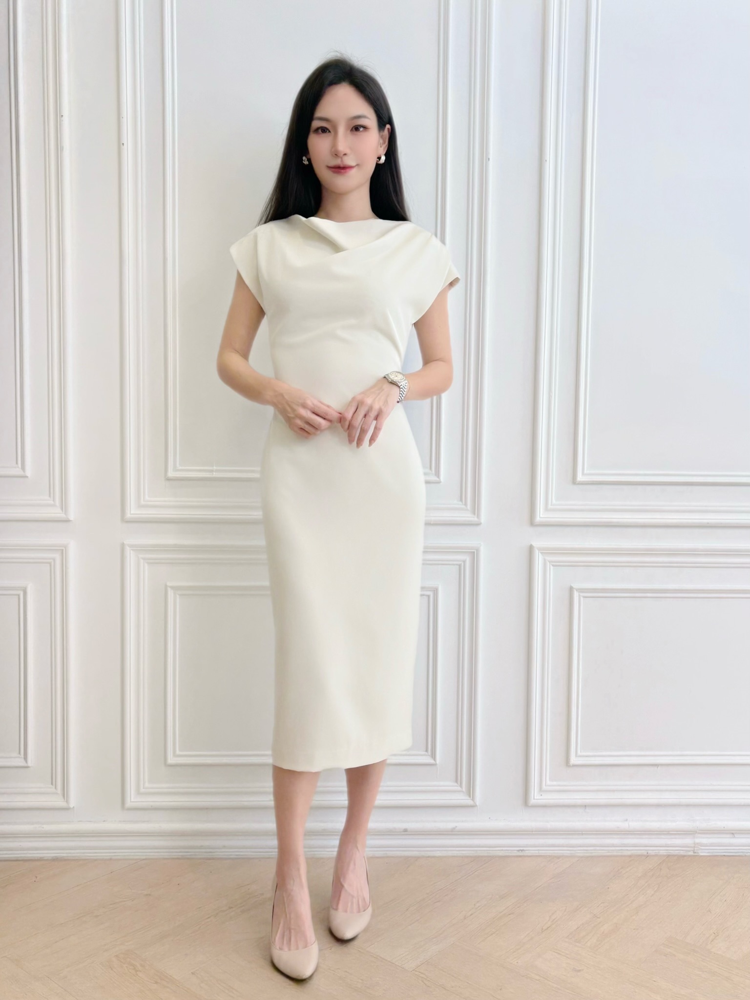 高級美肩抓褶短袖洋裝
