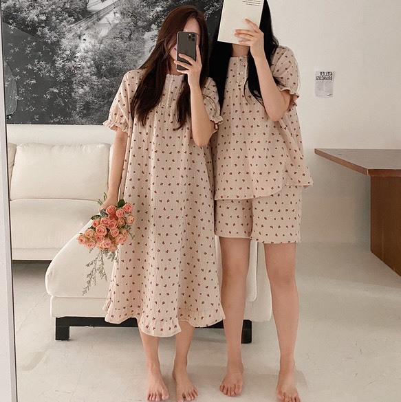 JUUNEEDU 玫瑰蕾絲皺感棉 短袖 居家睡衣套裝