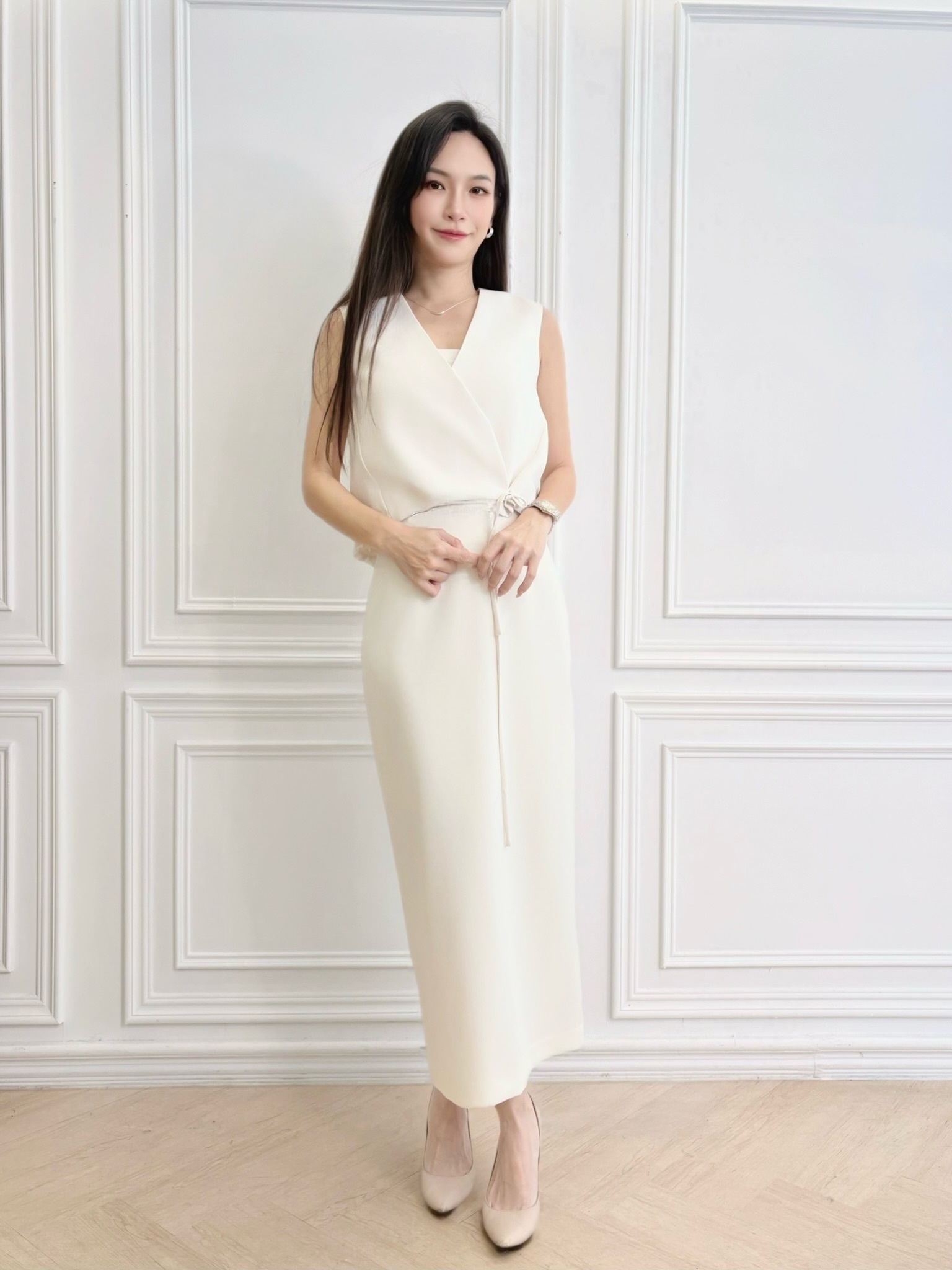 V領綁帶背心長裙套裝