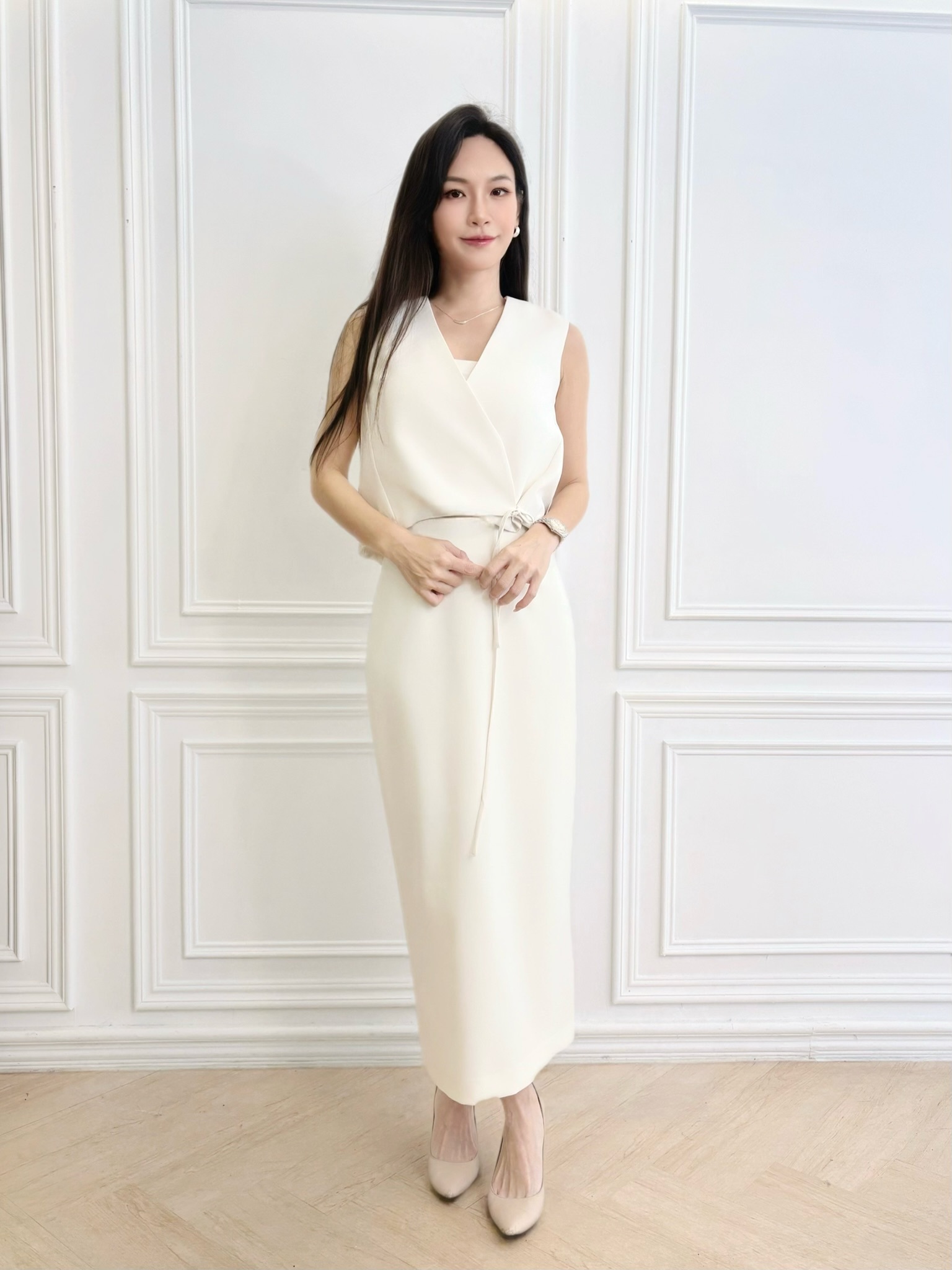 V領綁帶背心長裙套裝