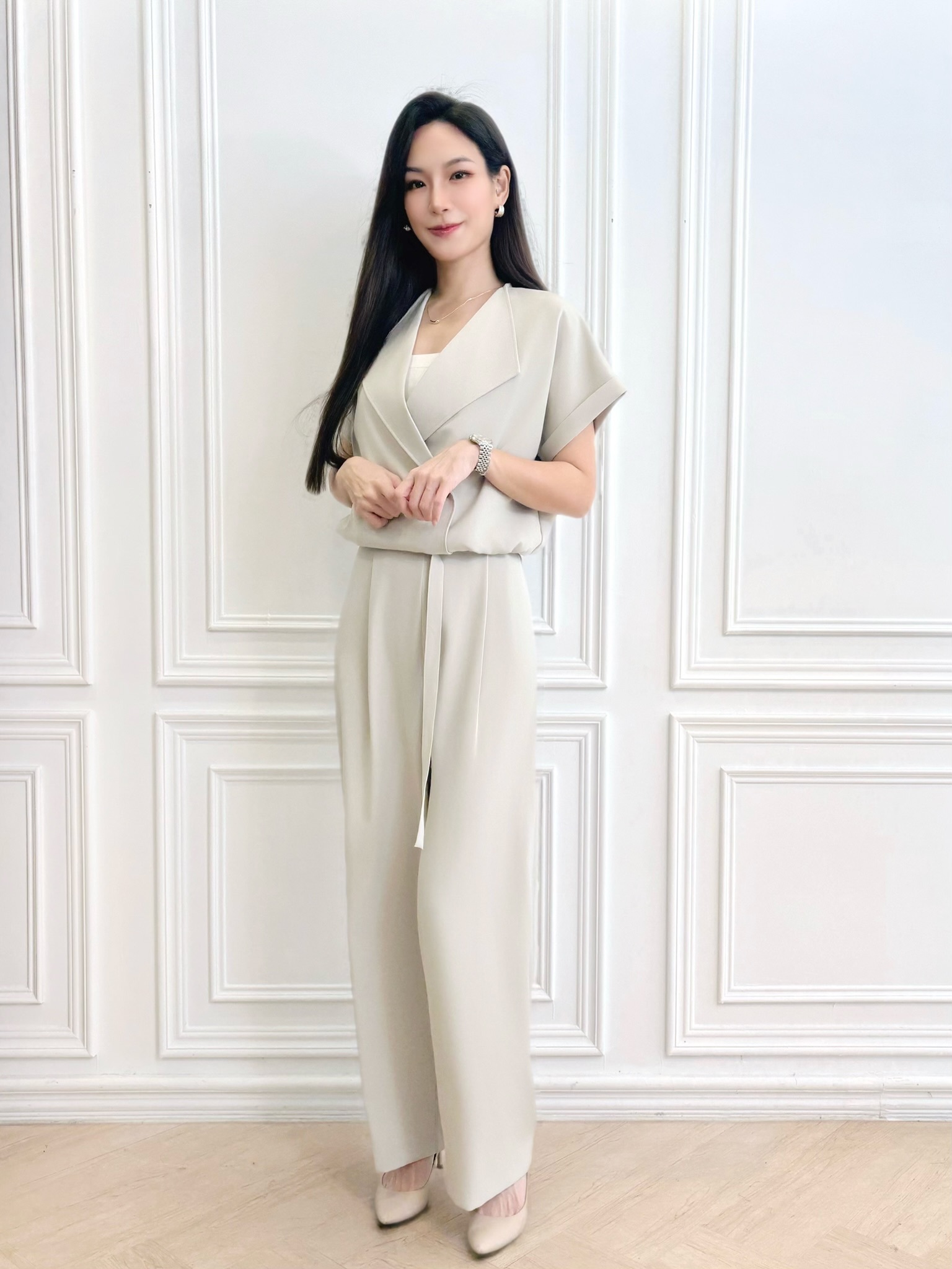 短袖雙排釦收腰寬褲套裝