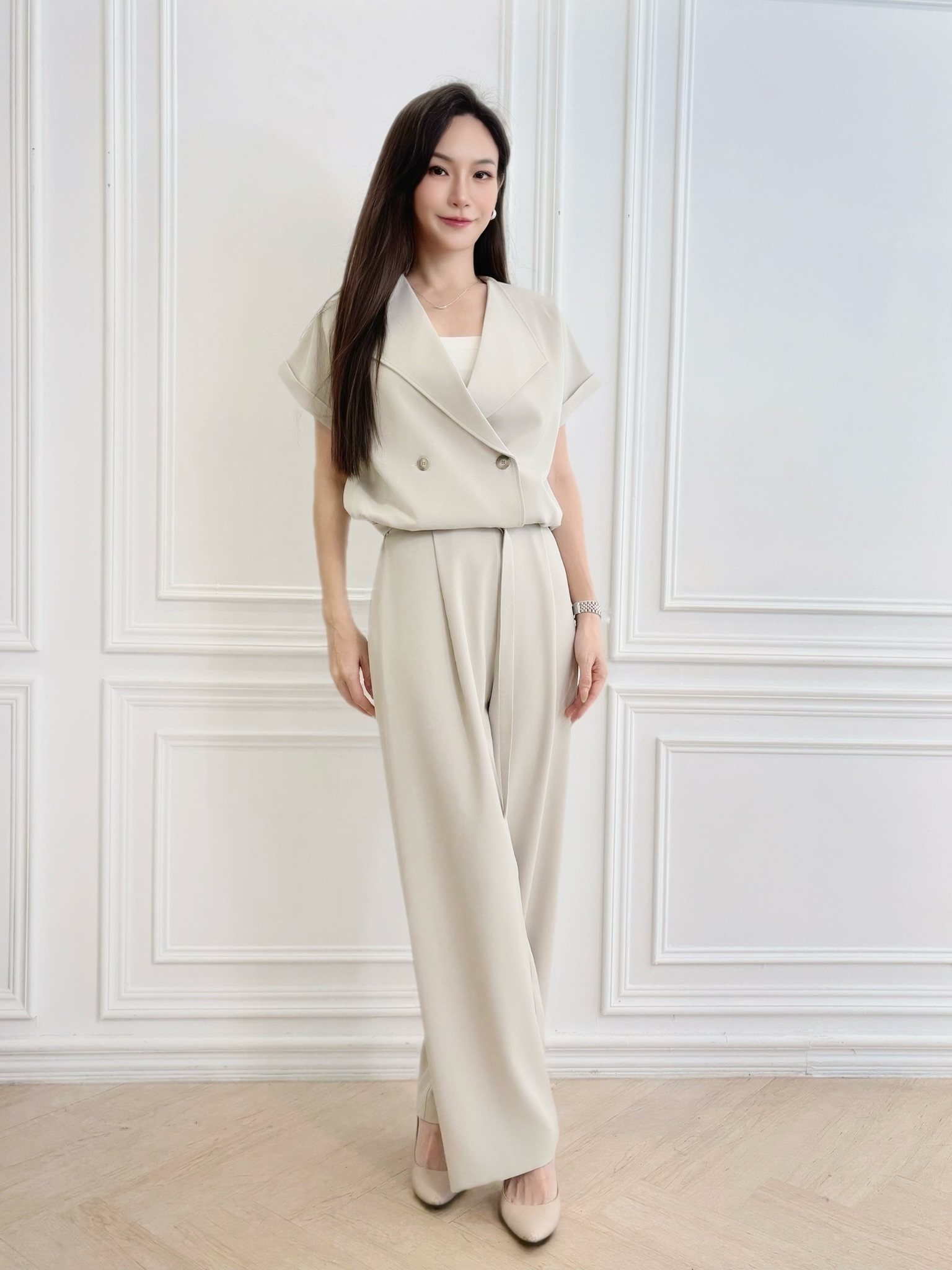 短袖雙排釦收腰寬褲套裝