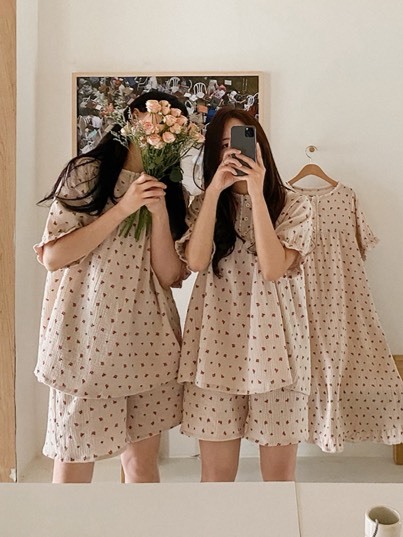 JUUNEEDU 玫瑰蕾絲皺感棉 短袖 居家睡衣套裝