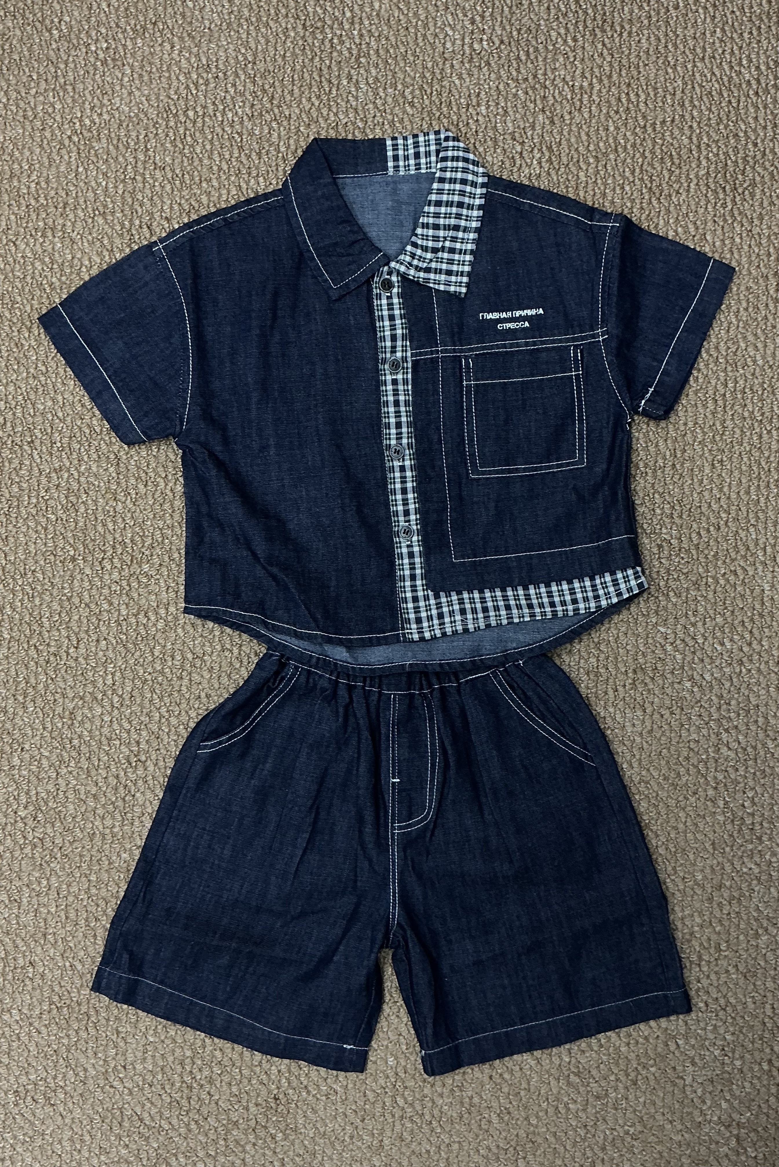 A04966格子拼接牛仔套裝