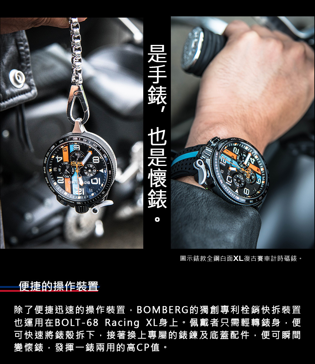 Bomberg,炸彈錶,Racing, 賽車計時碼錶,BS45CHSP.059-4.10,全鋼白面XL復古賽車計時碼錶,懷錶