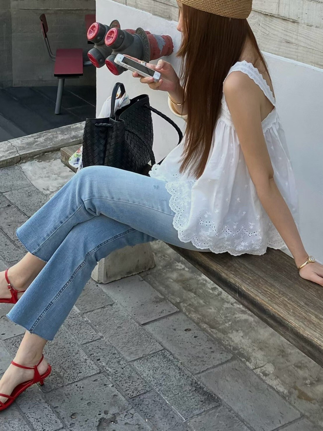 刷色感單邊割破九分直筒牛仔褲-S-L