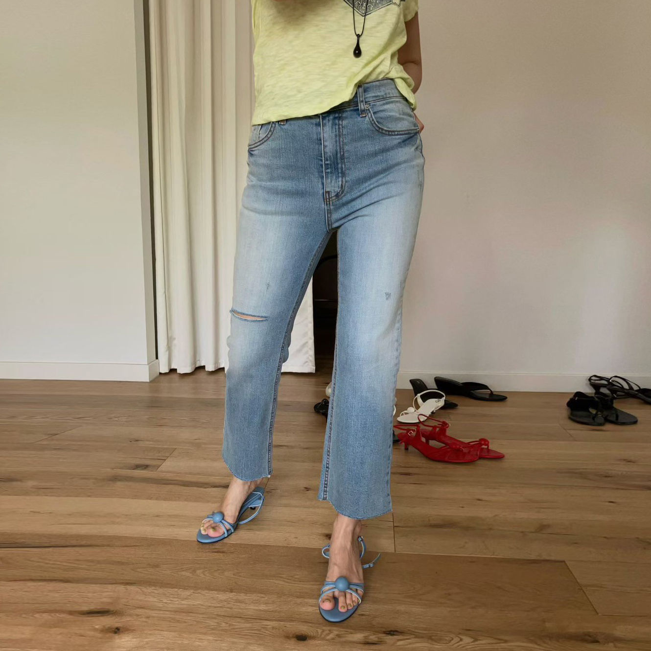 刷色感單邊割破九分直筒牛仔褲-S-L