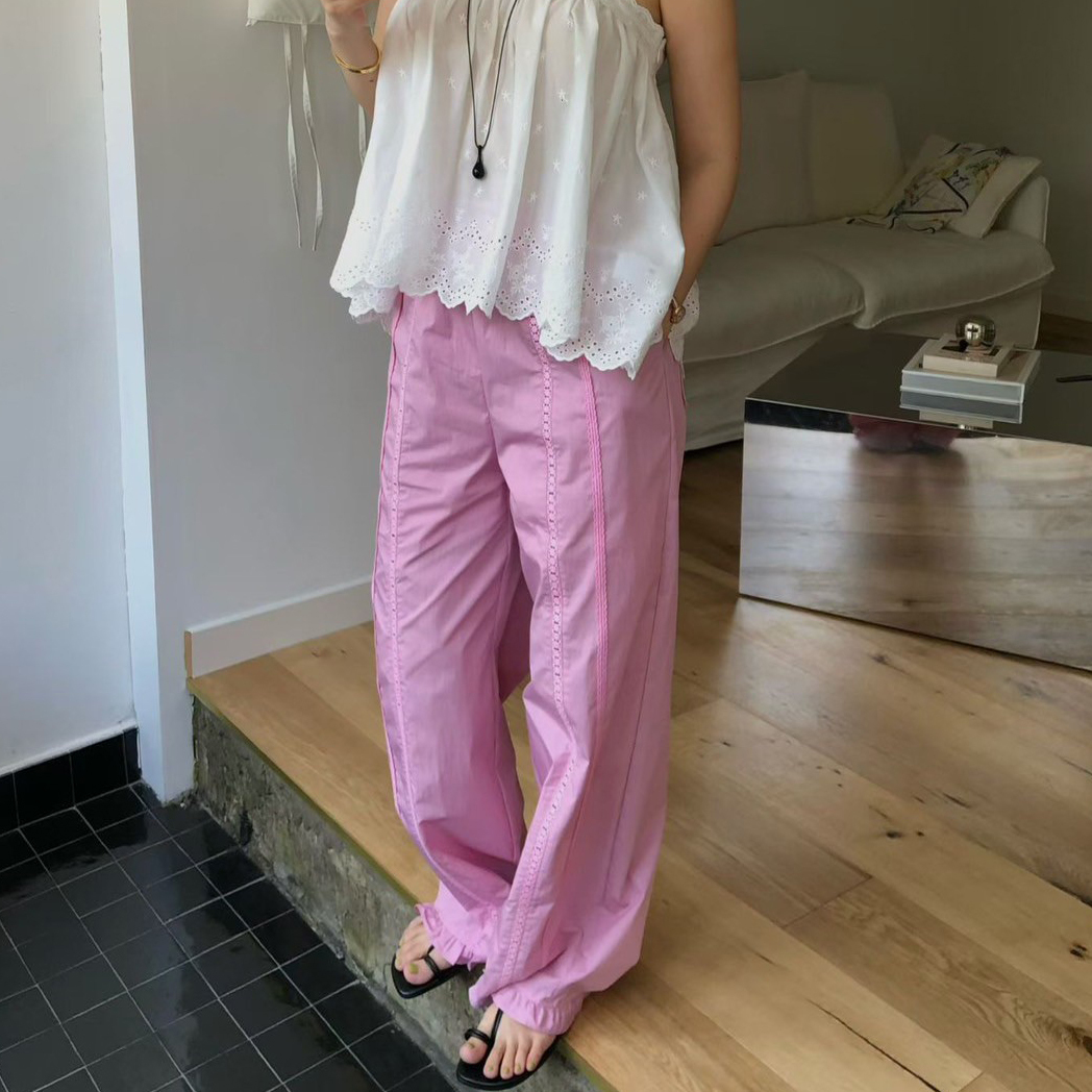 亮眼色系鬆緊腰蕾絲荷葉滾邊長褲-F / 3色