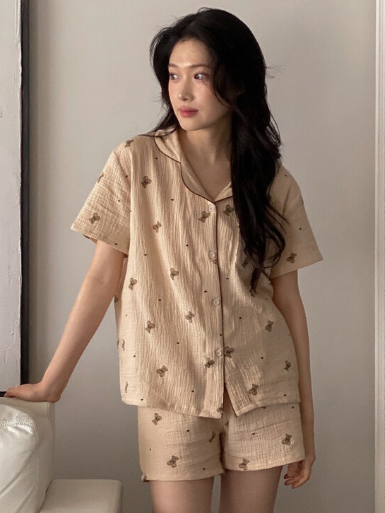 JUUNEEDU 曼蒂小熊皺感棉 短袖 居家睡衣套裝