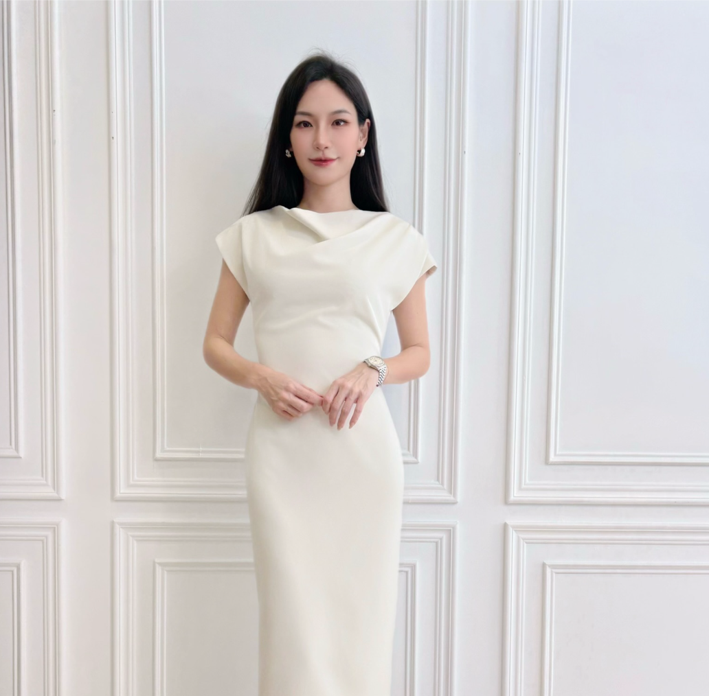高級美肩抓褶短袖洋裝