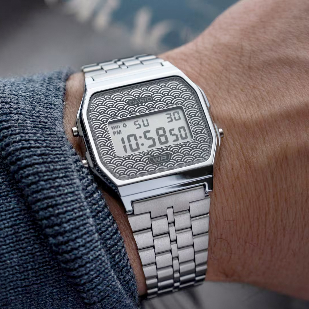 CASIO 青海波紋 灰面 中裝 方形復古跳字錶 A159WEVJ-7