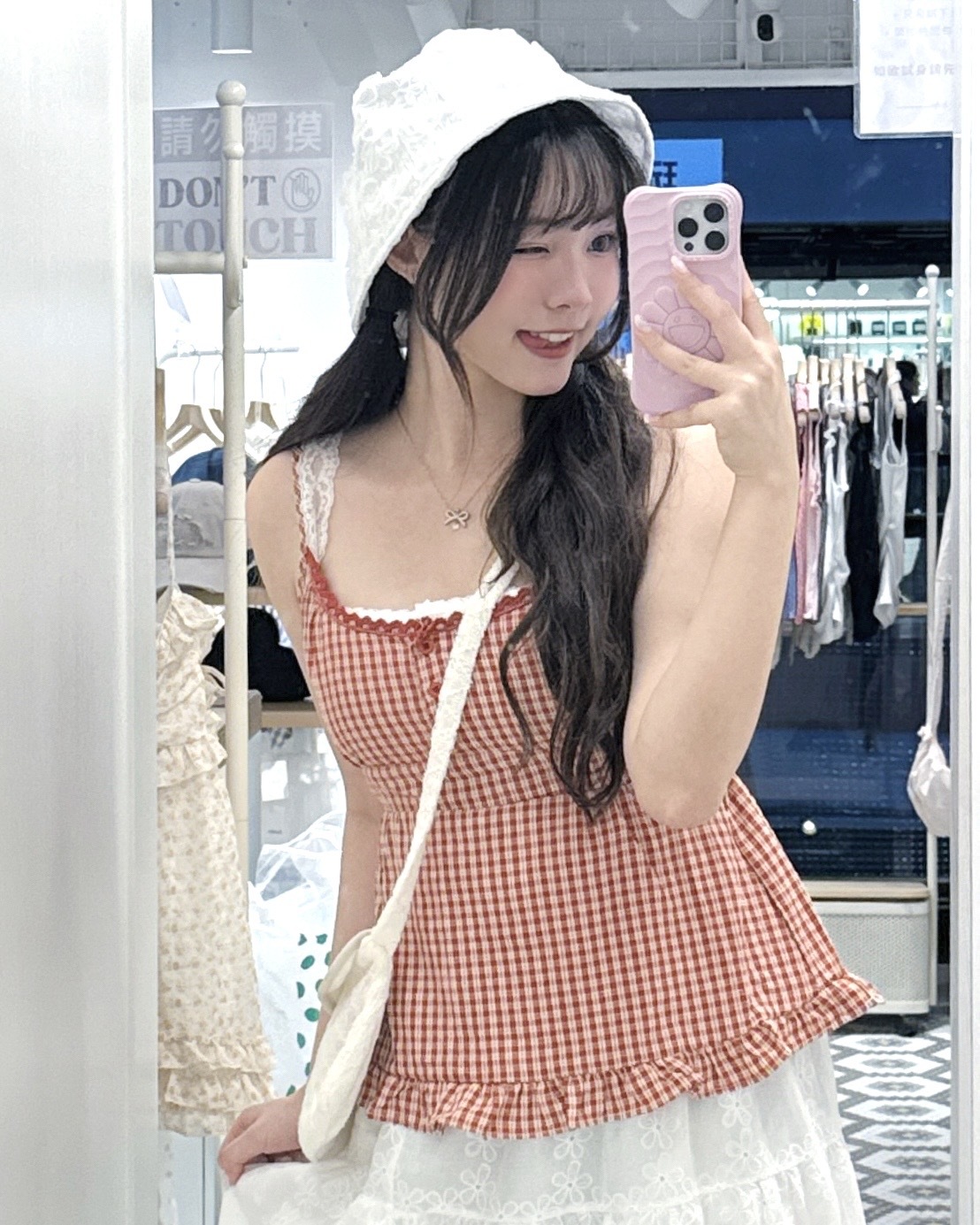 T1410｜初春田園感！格紋假兩件蕾絲邊背心𓏲 ๋࣭ ࣪ ˖🎐