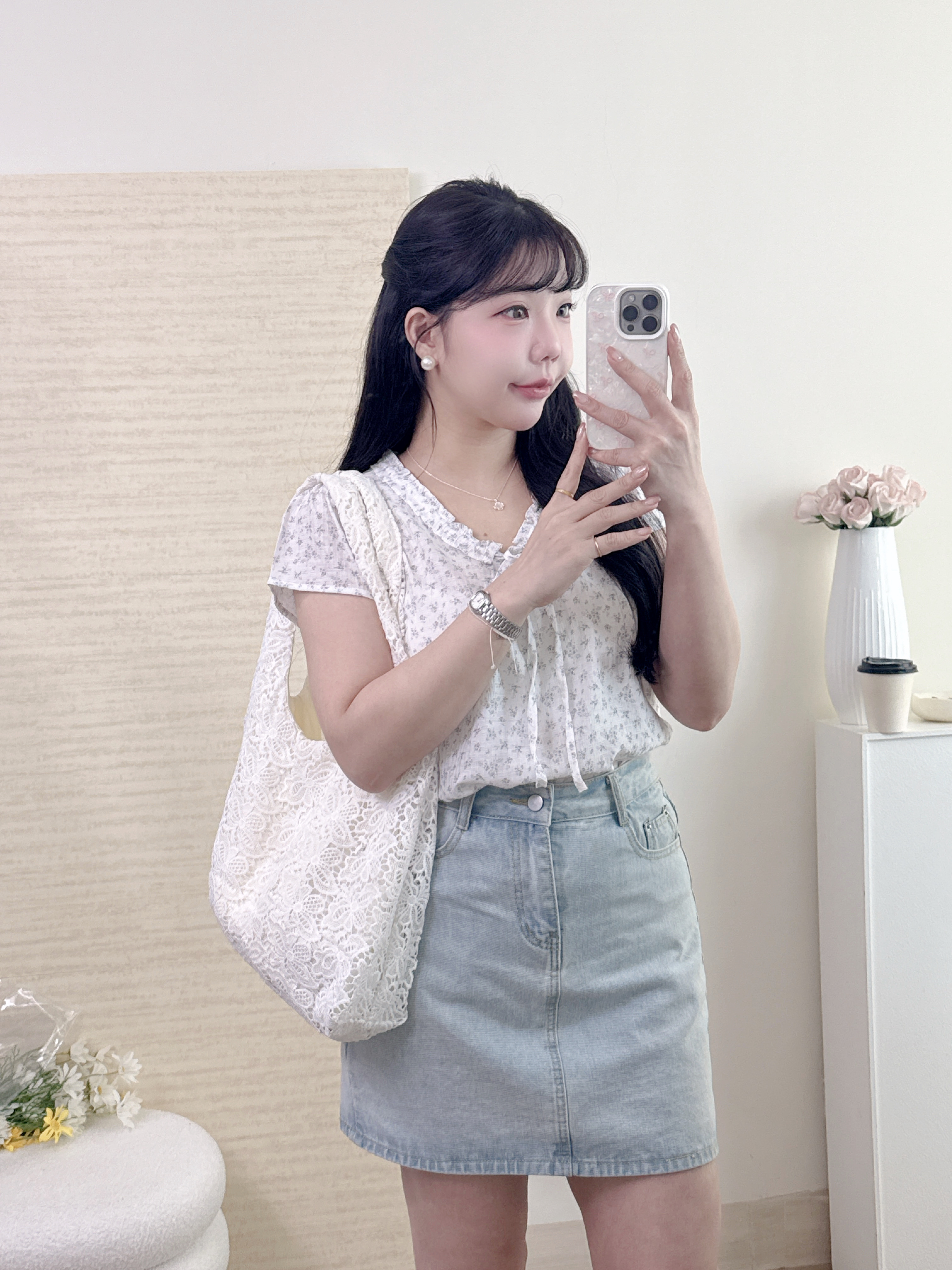 小碎花V領短袖襯衫